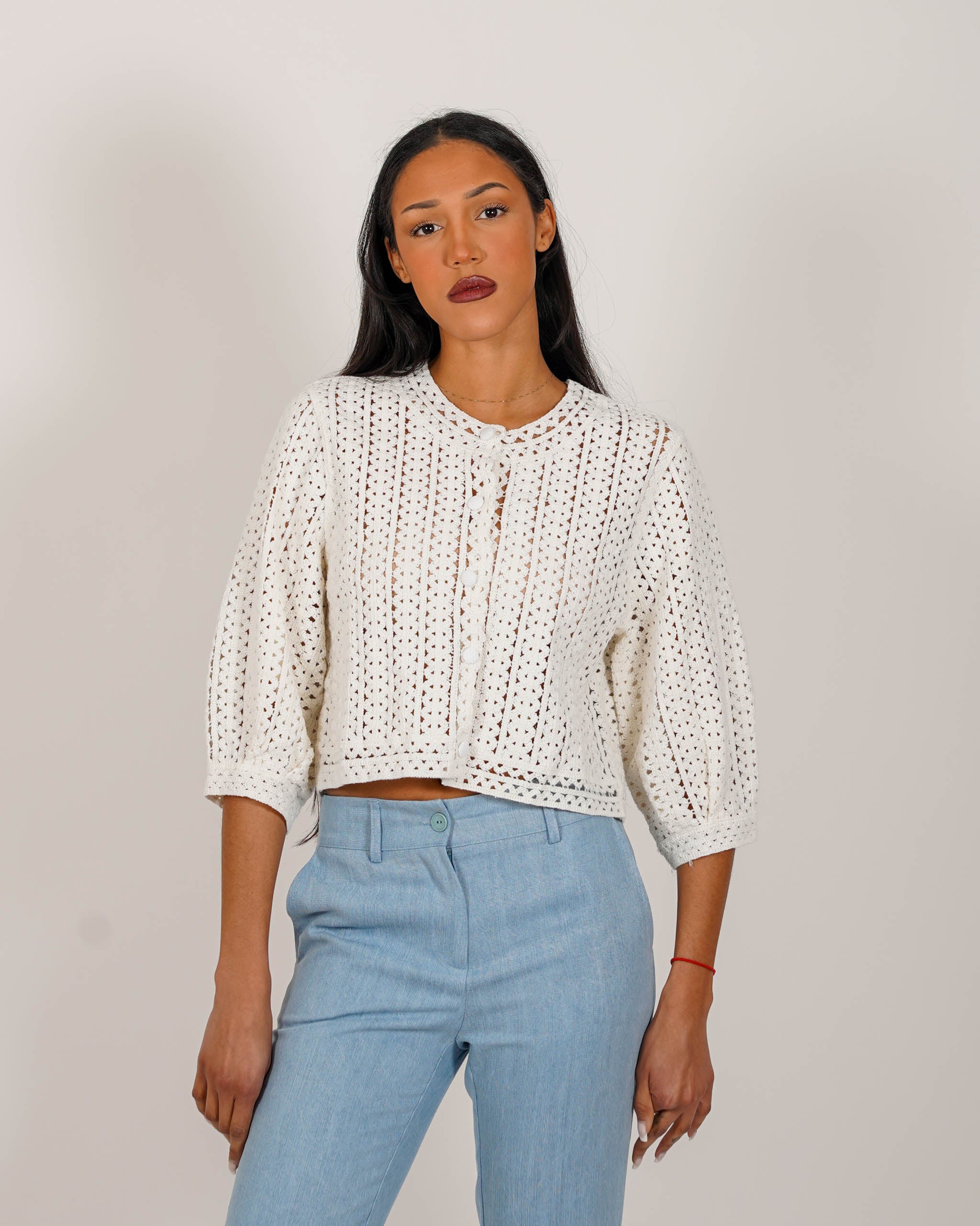 Cardigan cropped in filo di cotone macramè - Manesca