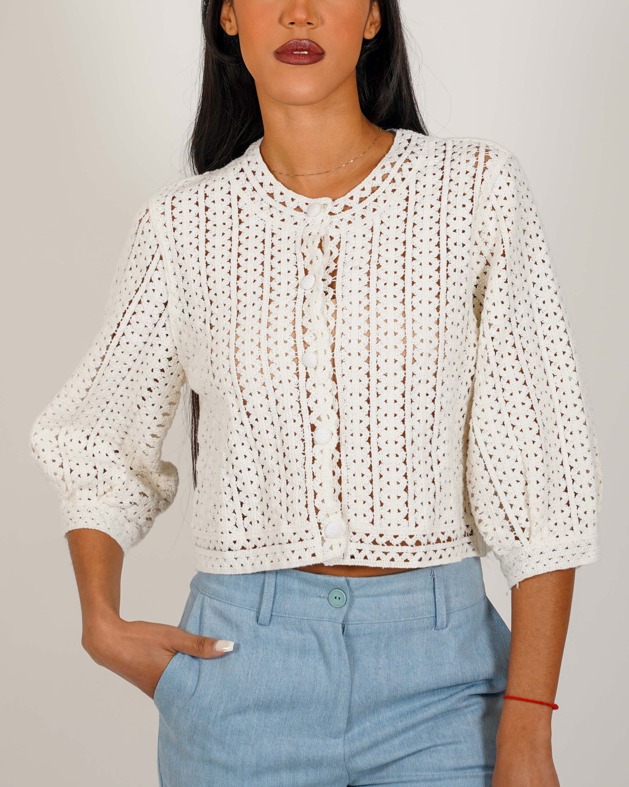 Cardigan cropped in filo di cotone macramè - Manesca