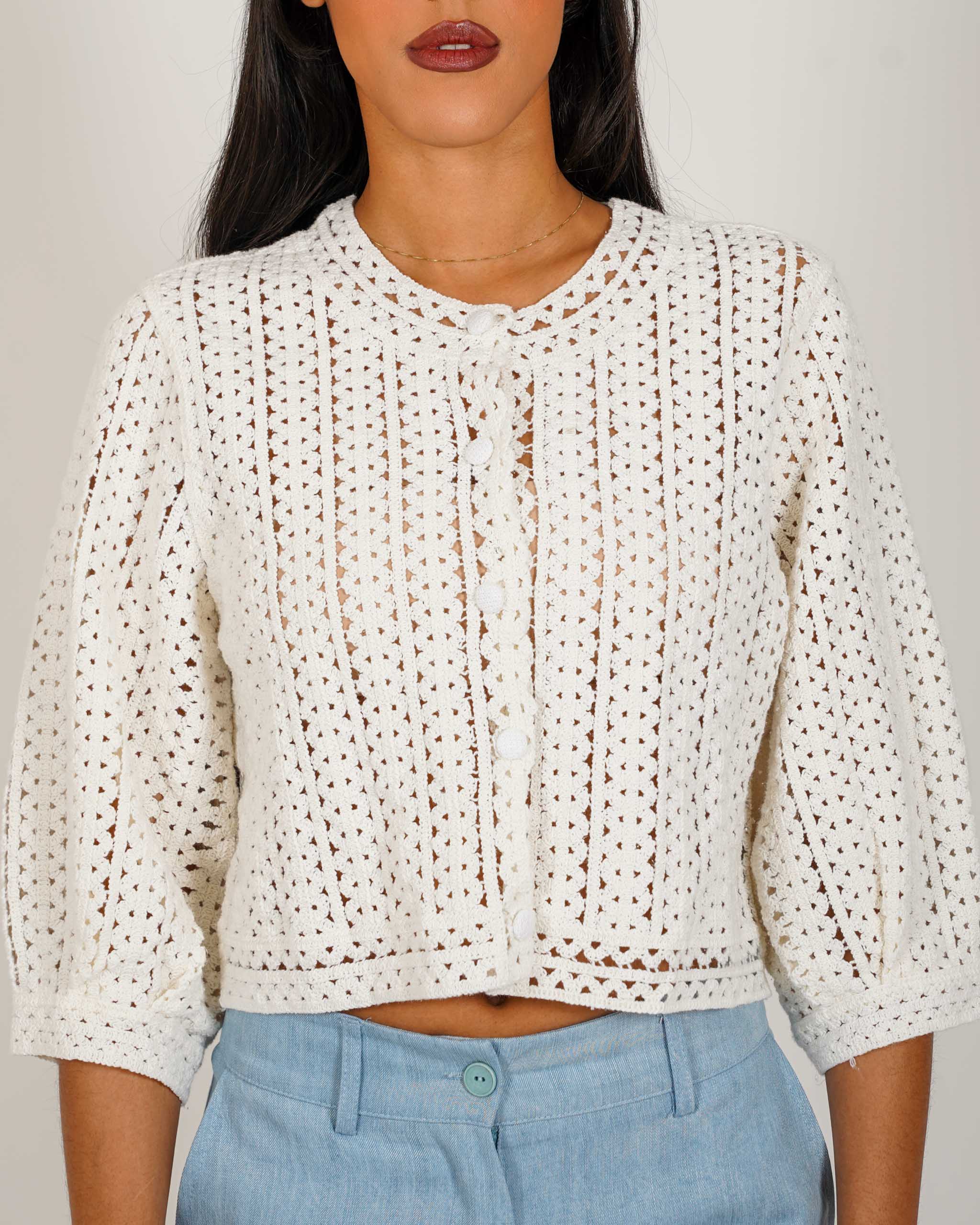 Cardigan cropped in filo di cotone macramè - Manesca