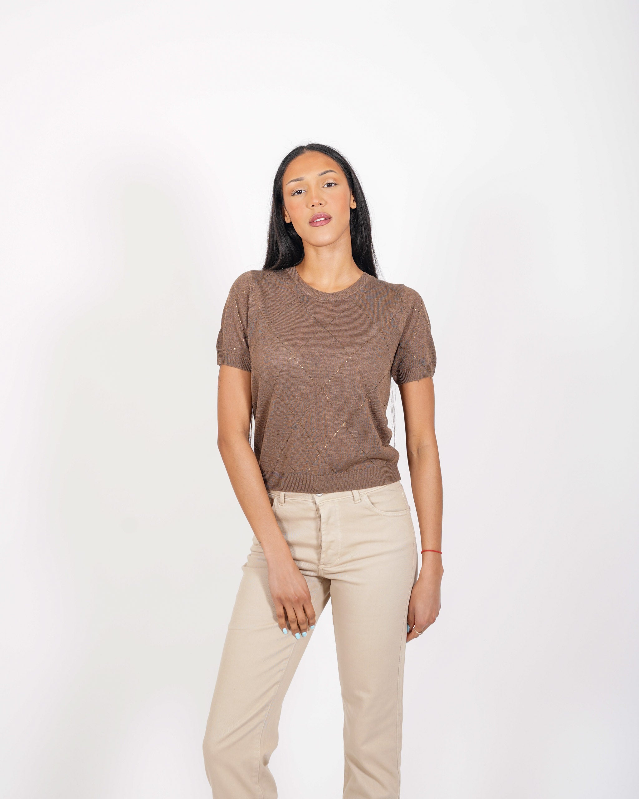 Maglia girocollo con losanghe in micropaillettes - Melezia