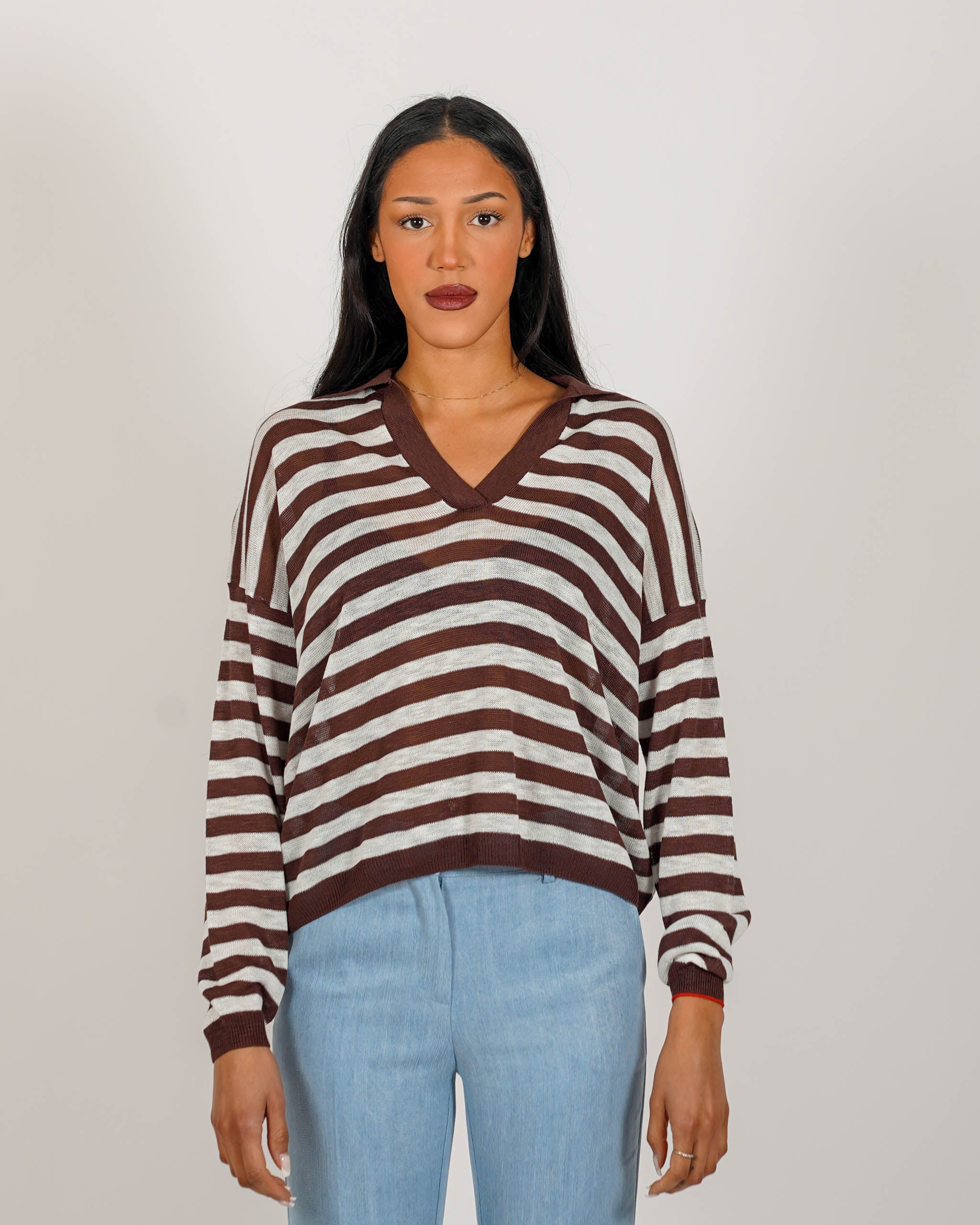 Polo rigata manica lunga in filo di viscosa - Mistica