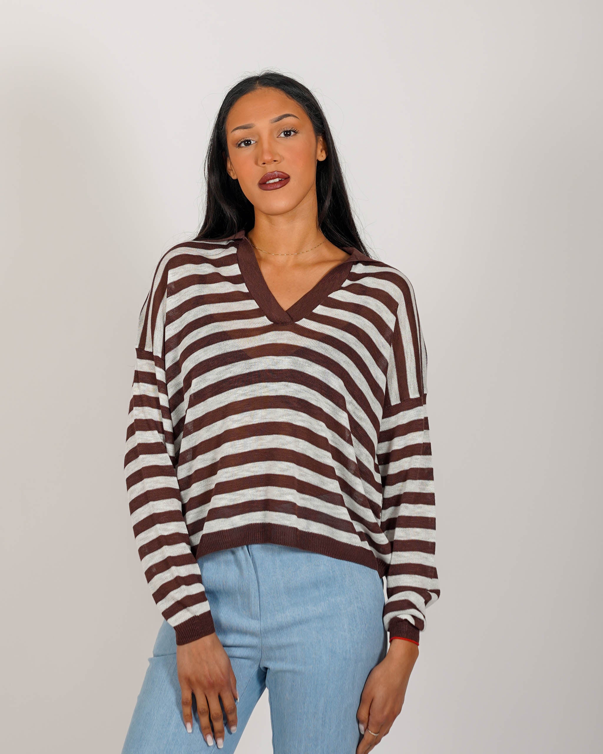 Polo rigata manica lunga in filo di viscosa - Mistica