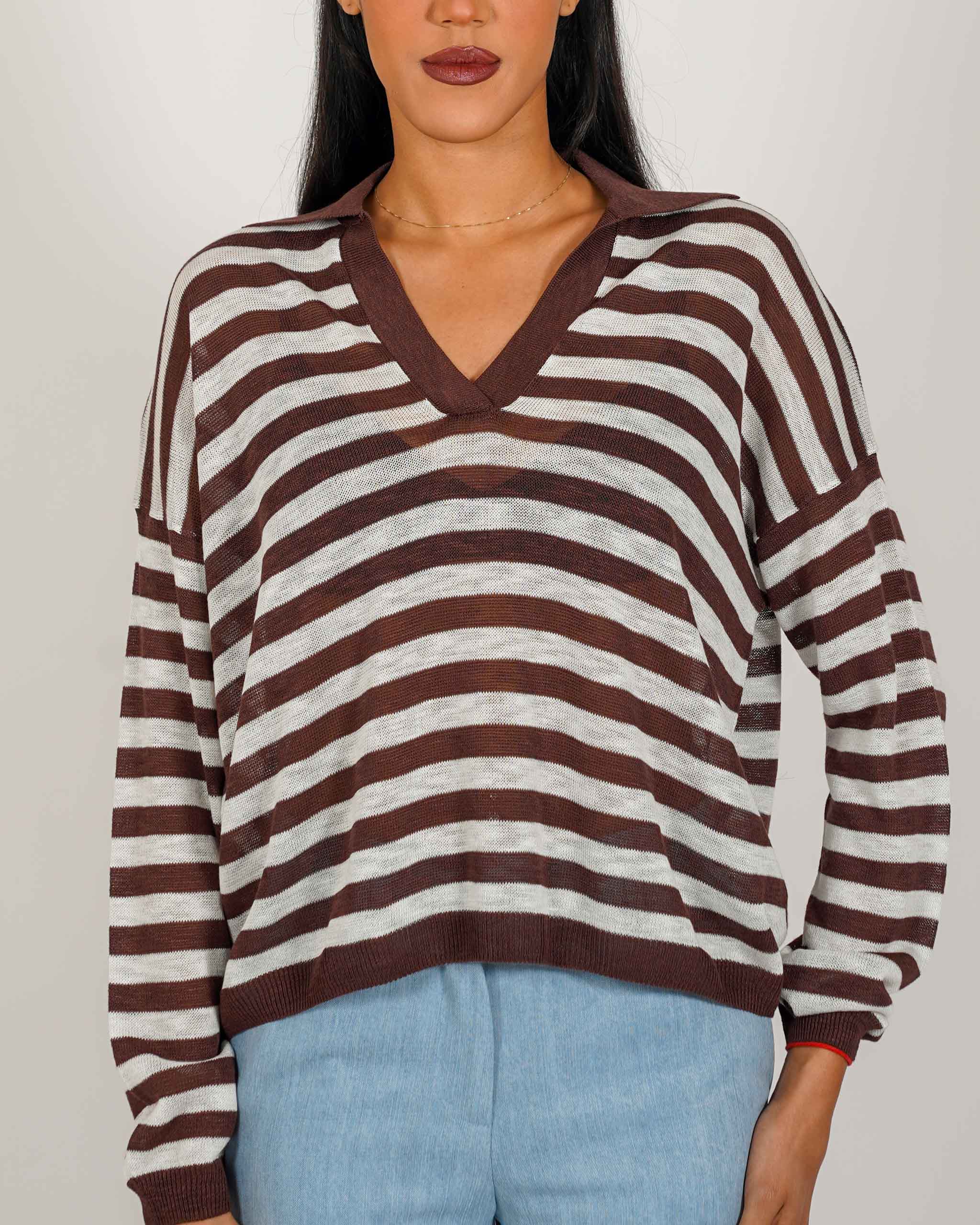 Polo rigata manica lunga in filo di viscosa - Mistica