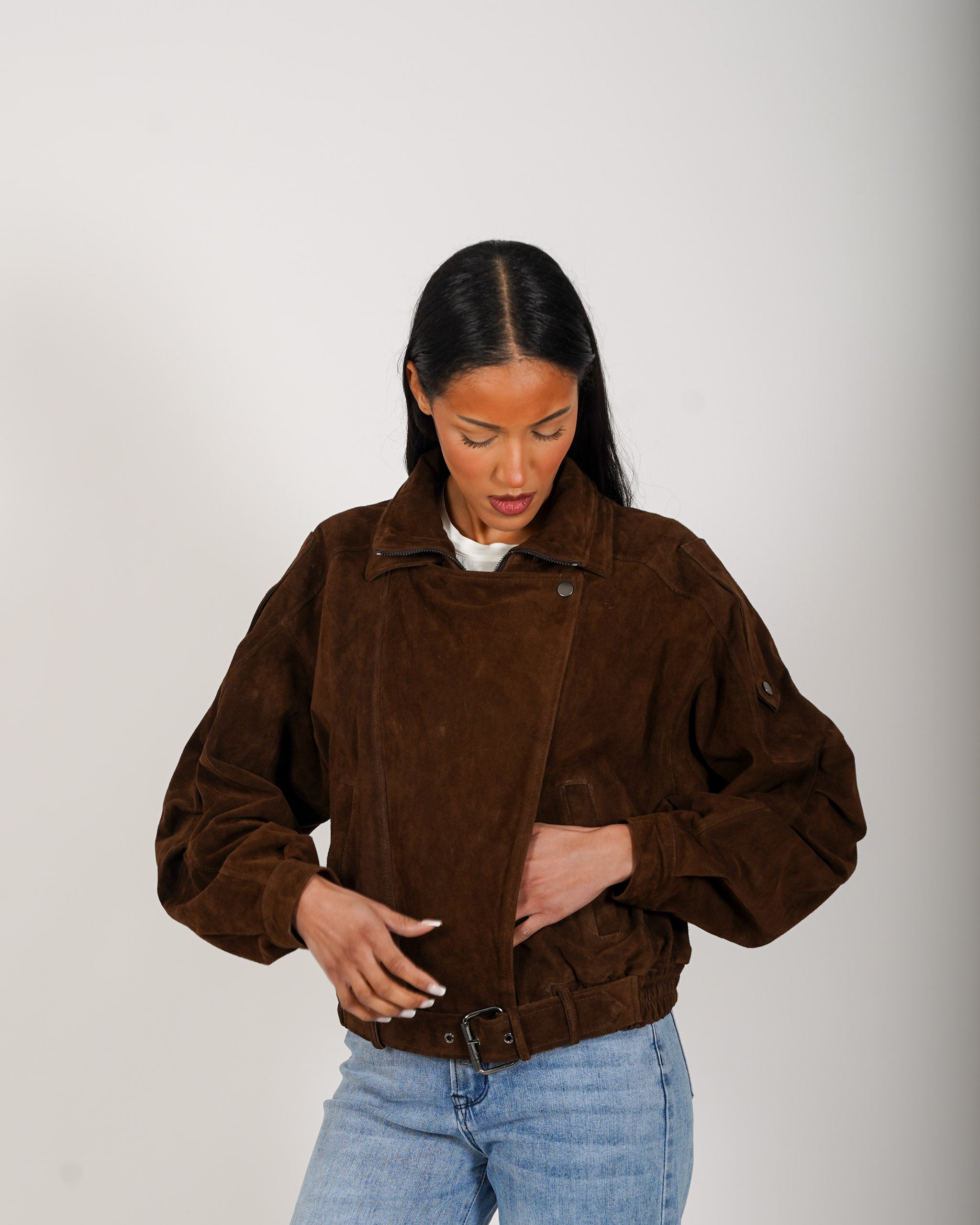 Bomber over in crosta vintage con maniche goffrate - Sirica