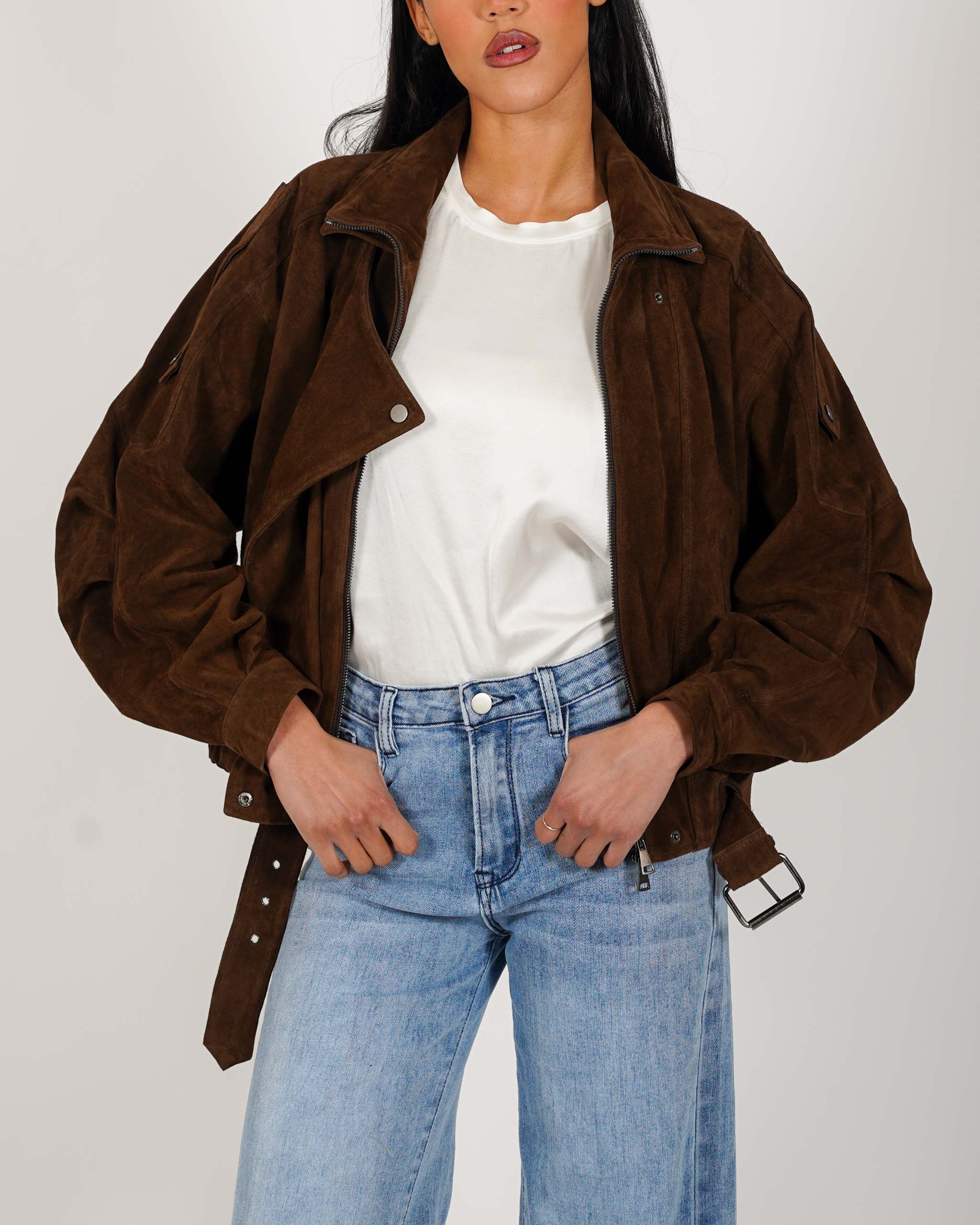 Bomber over in crosta vintage con maniche goffrate - Sirica
