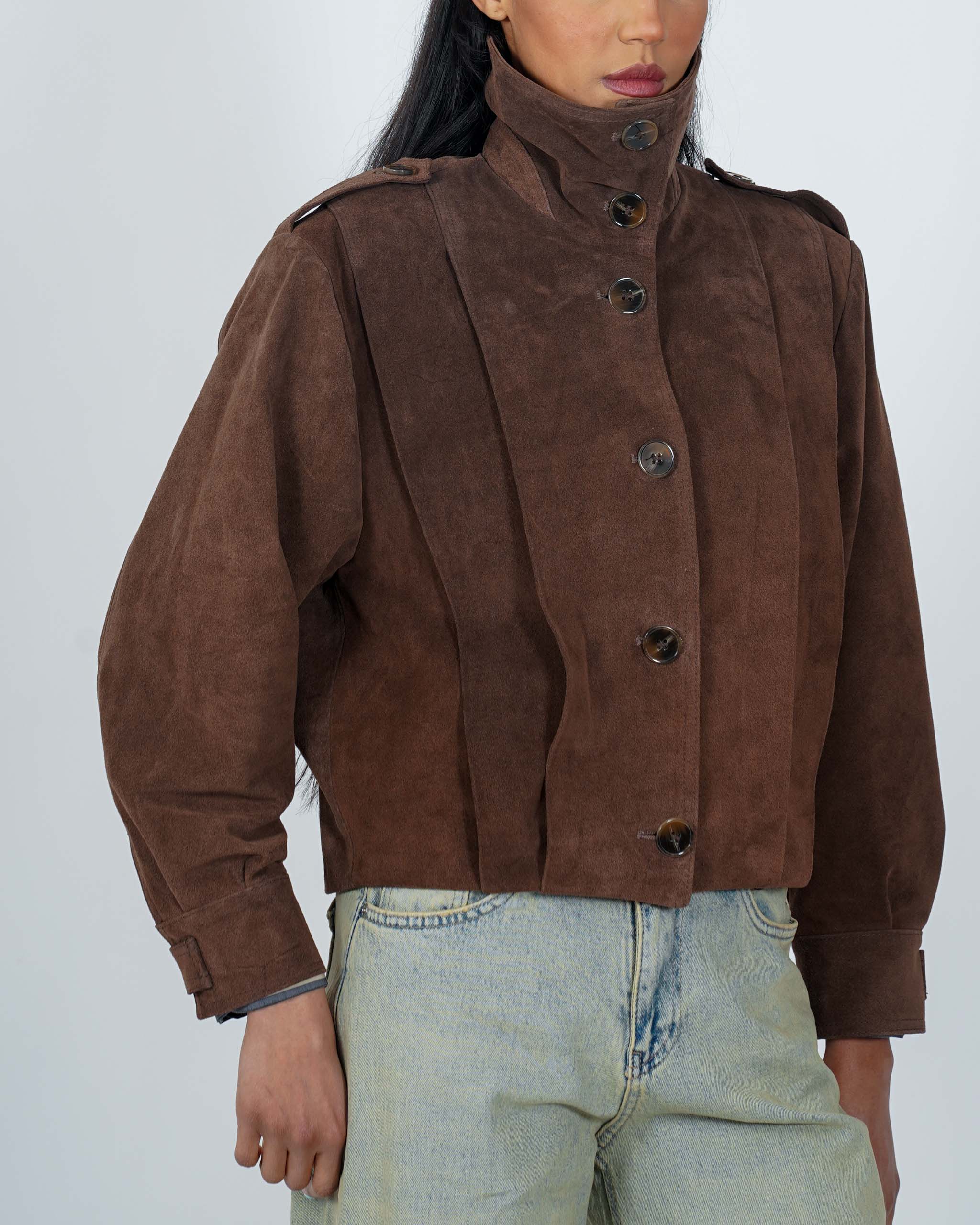 Bomber collo alto drappeggiato in crosta vintage - Granata