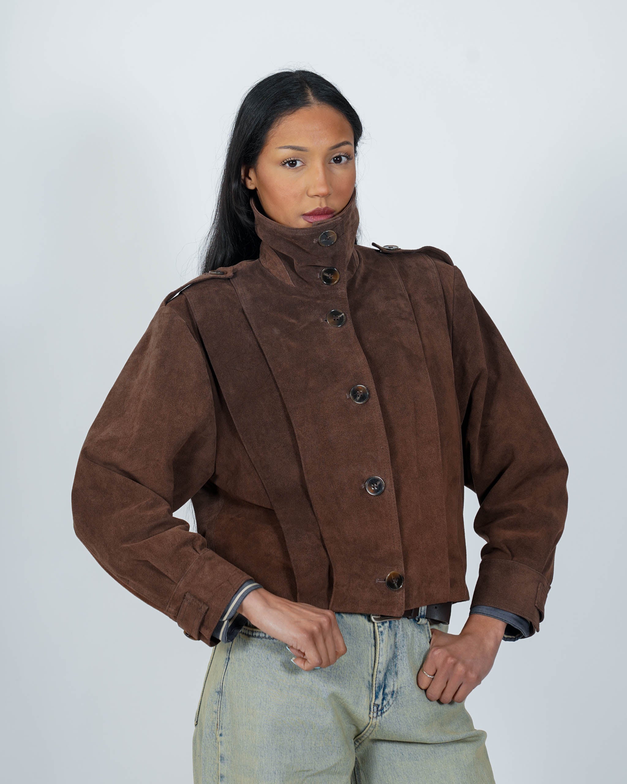Bomber collo alto drappeggiato in crosta vintage - Granata