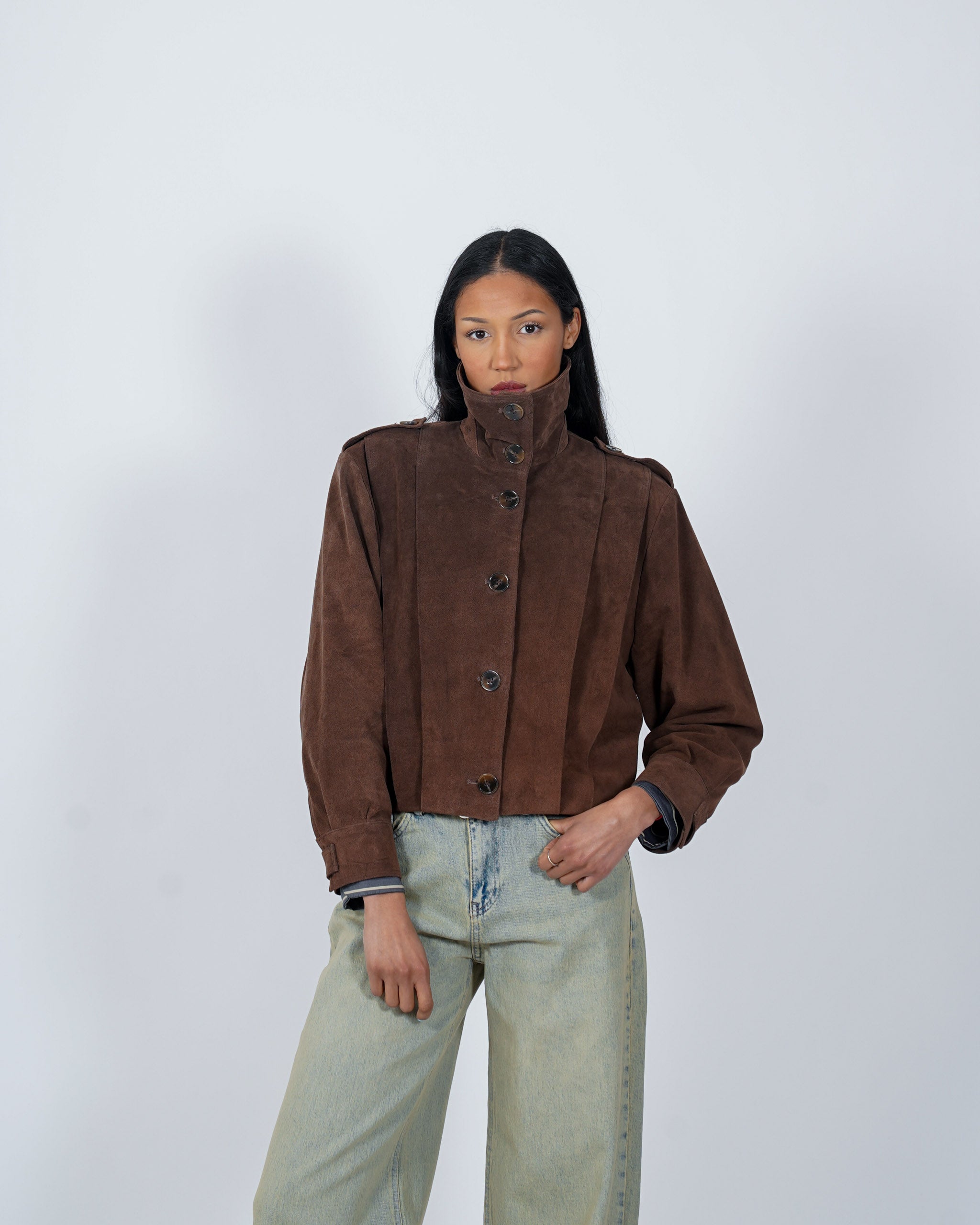 Bomber collo alto drappeggiato in crosta vintage - Granata