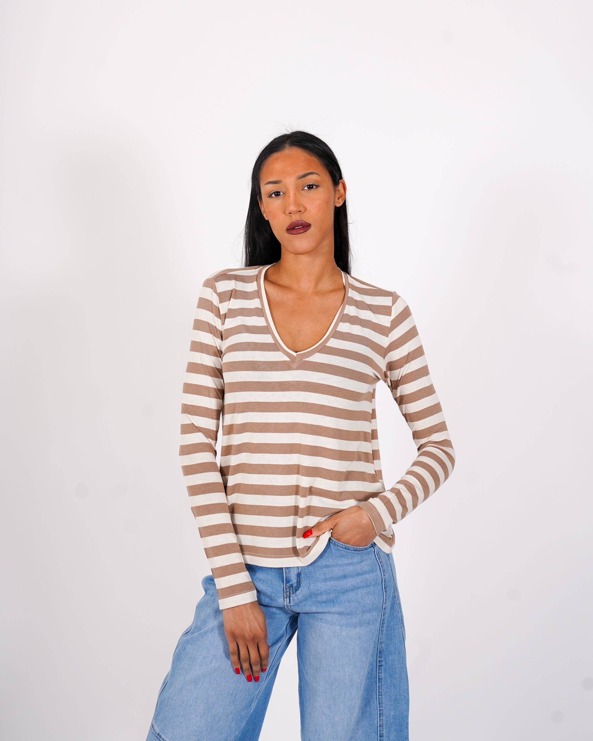 Shirt rigata scollo a v manica lunga - Brescia