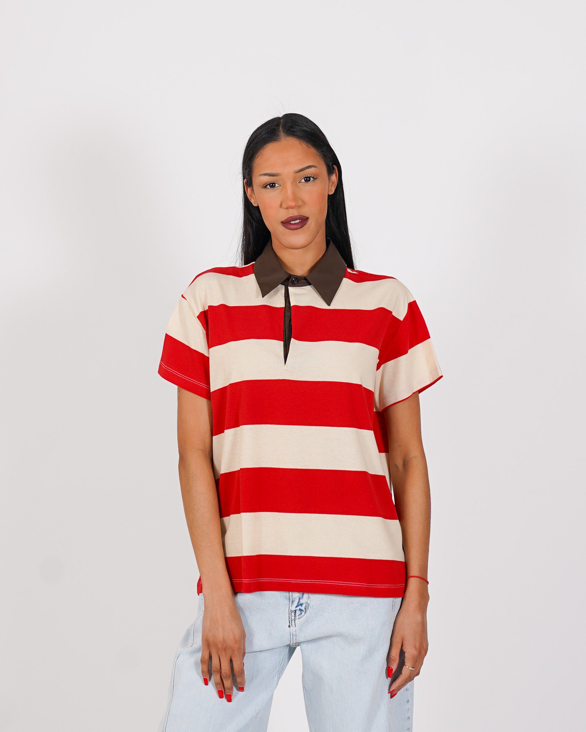 Polo rigata mezza manica con colletto in contrasto - Pacifica