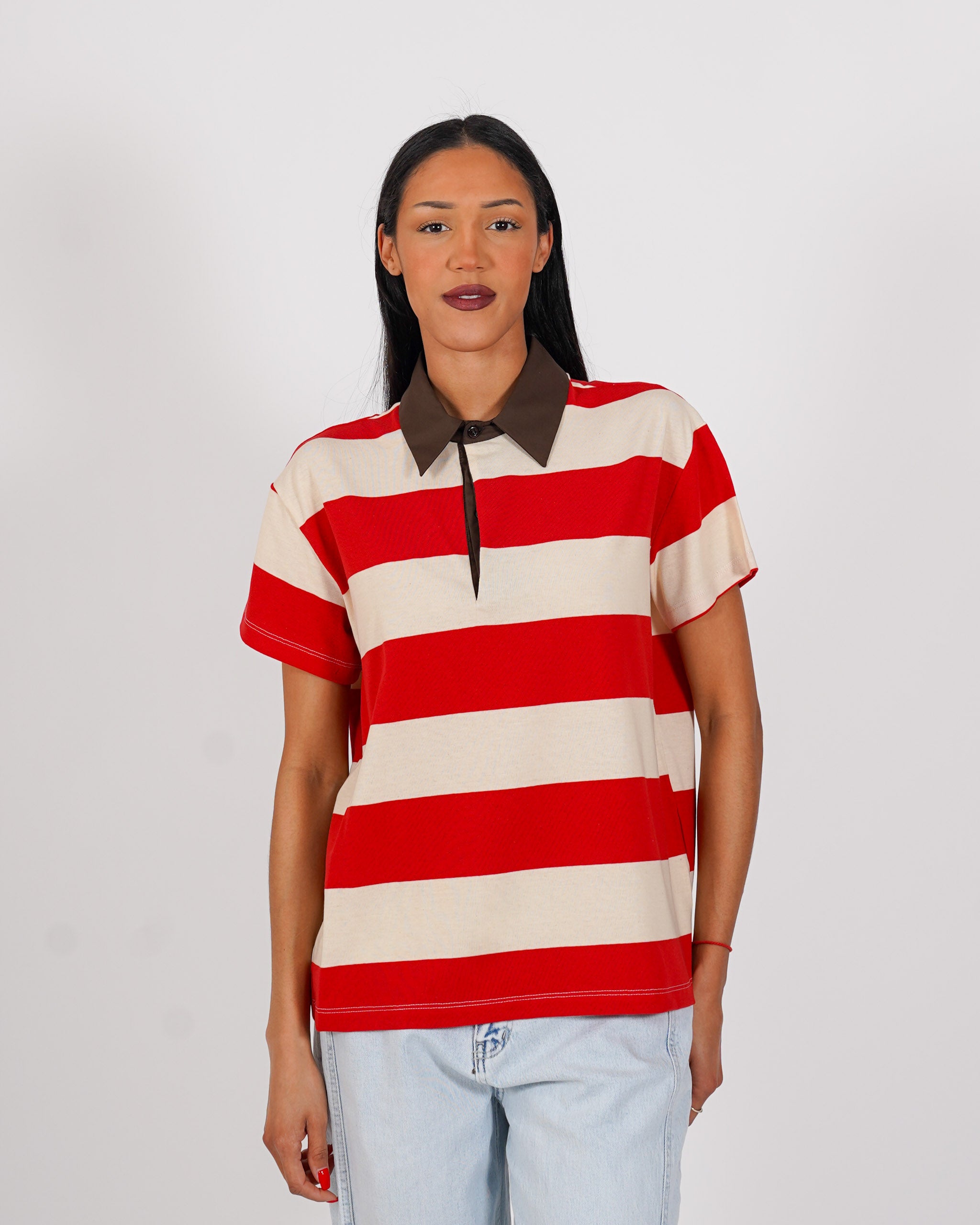 Polo rigata mezza manica con colletto in contrasto - Pacifica
