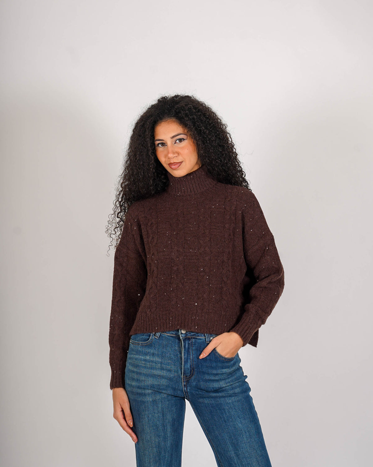 Maglia collo alto con trama a treccia e paillettes - Antuna