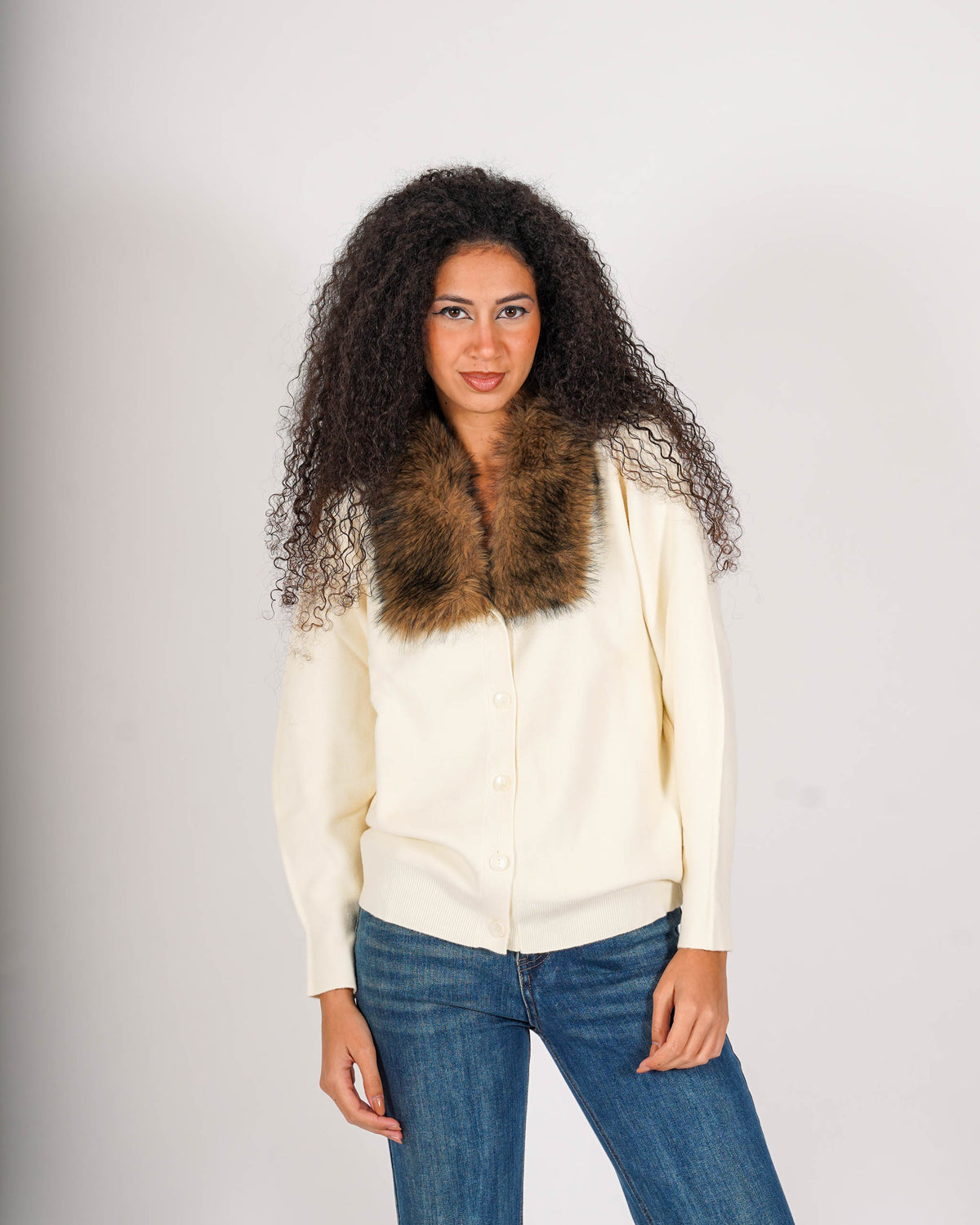 Cardigan in maglia con collo in ecofur - Bellina