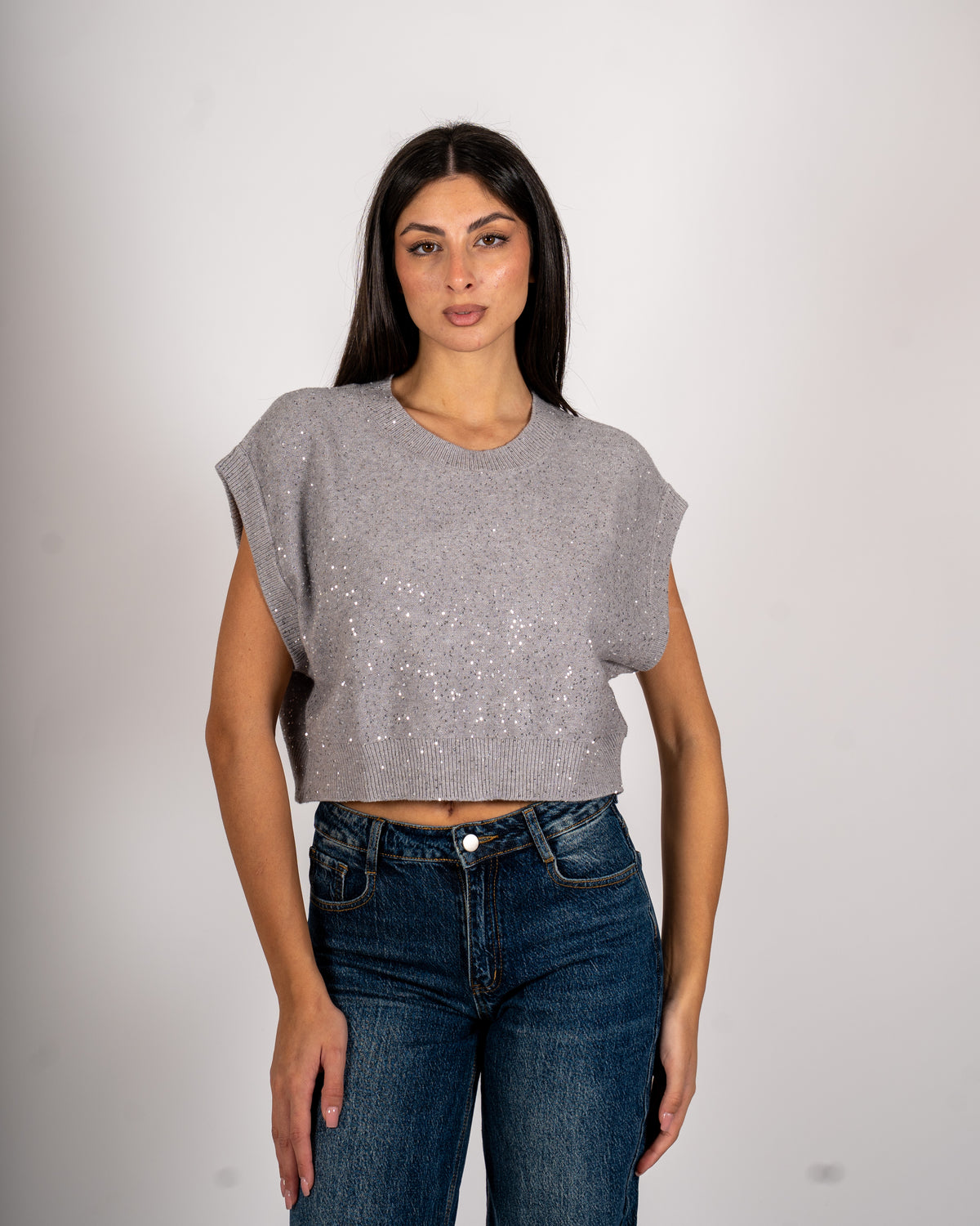 Maglia girocollo cropped full paillettes - Veneta