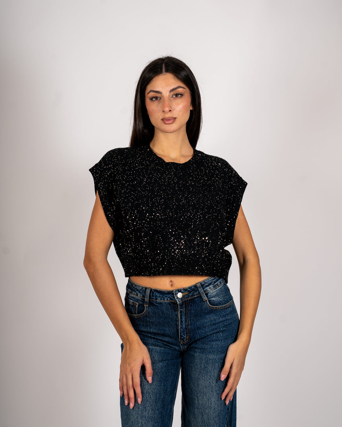 Maglia girocollo cropped full paillettes - Veneta