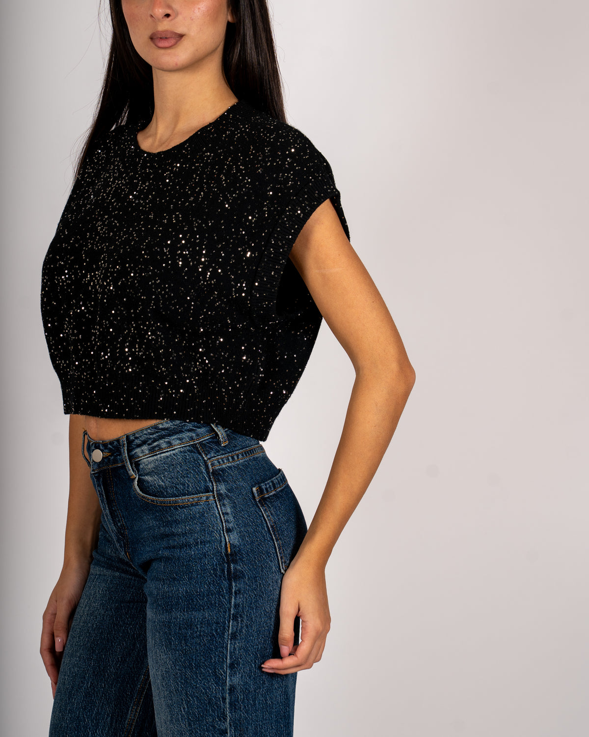 Maglia girocollo cropped full paillettes - Veneta