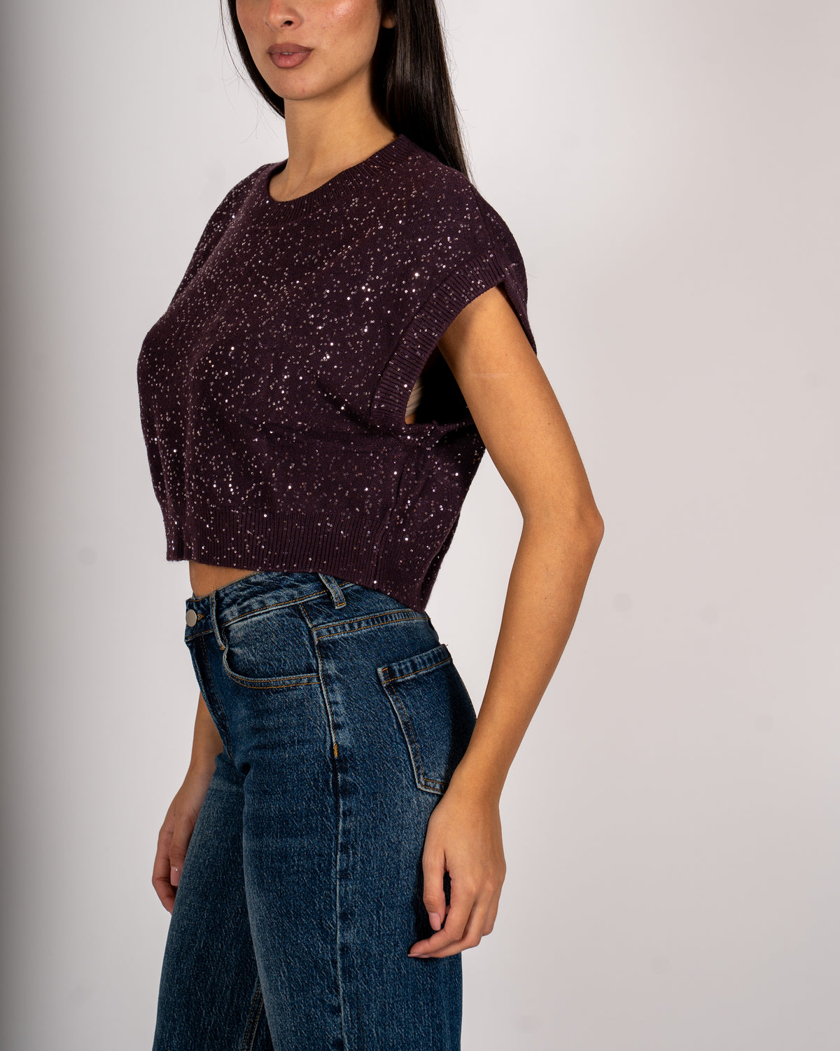 Maglia girocollo cropped full paillettes - Veneta