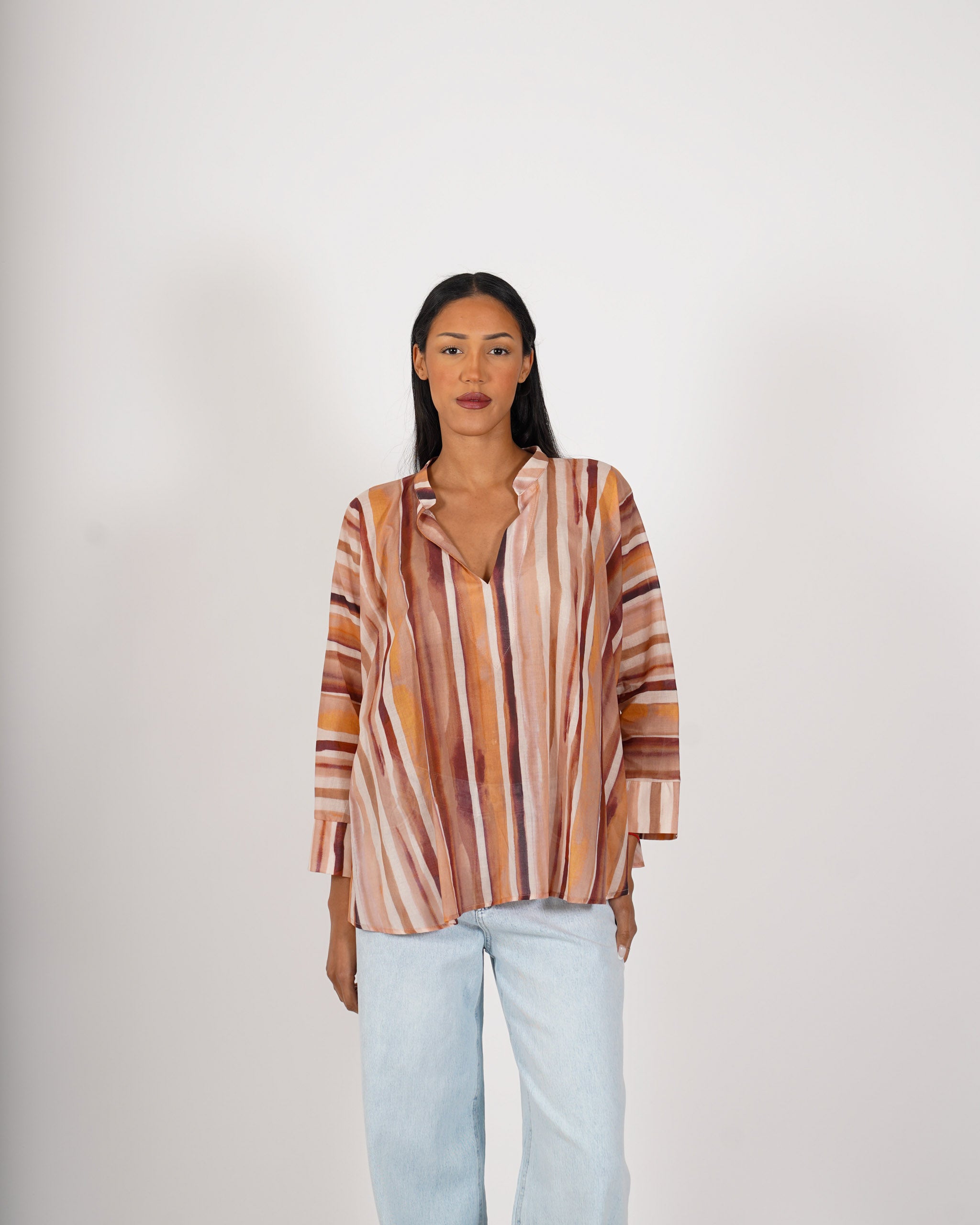 Blusa rigata scollo a v in cotone - Ghiacciata