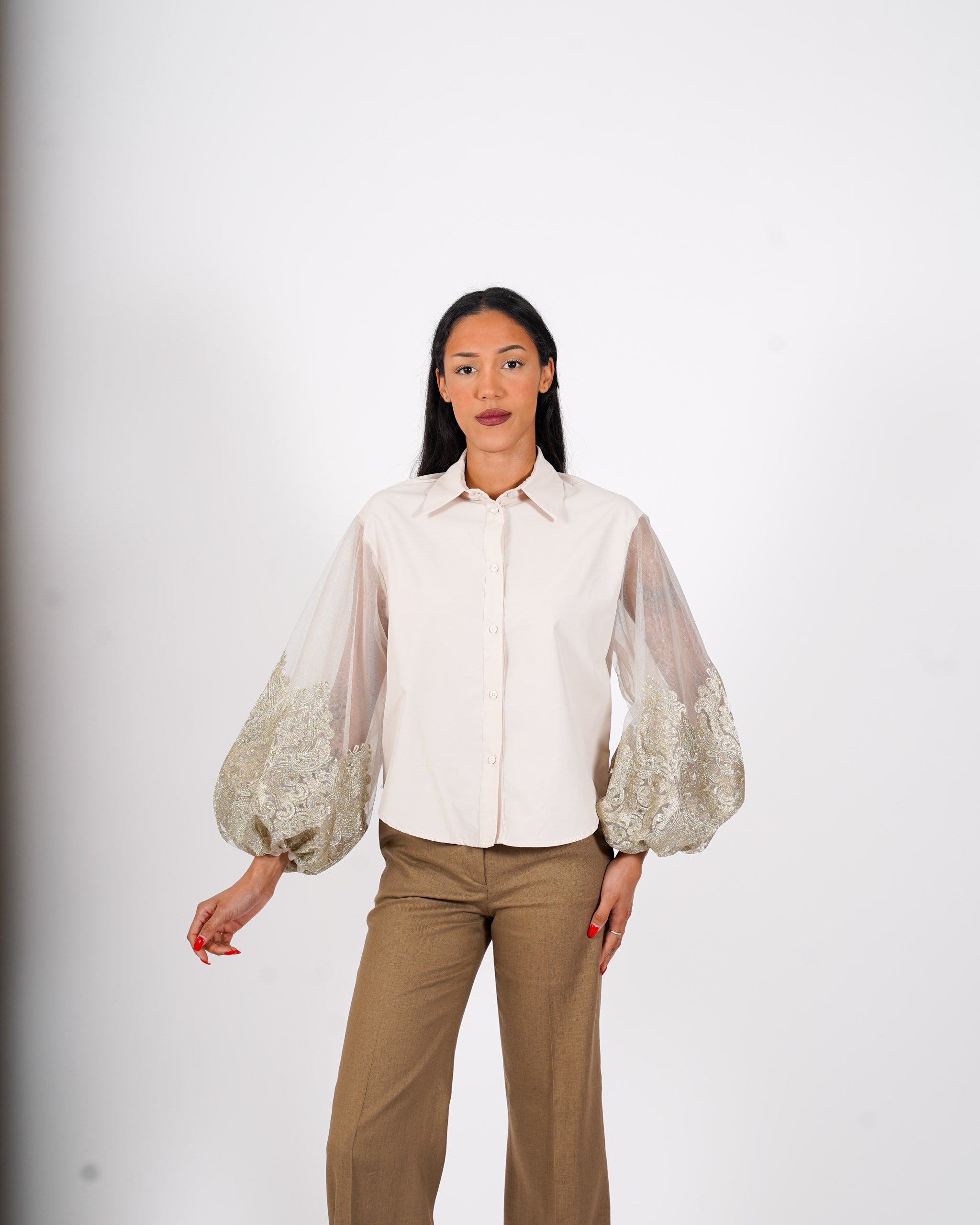 Camicia manica lunga con ricamo oro - Golosa