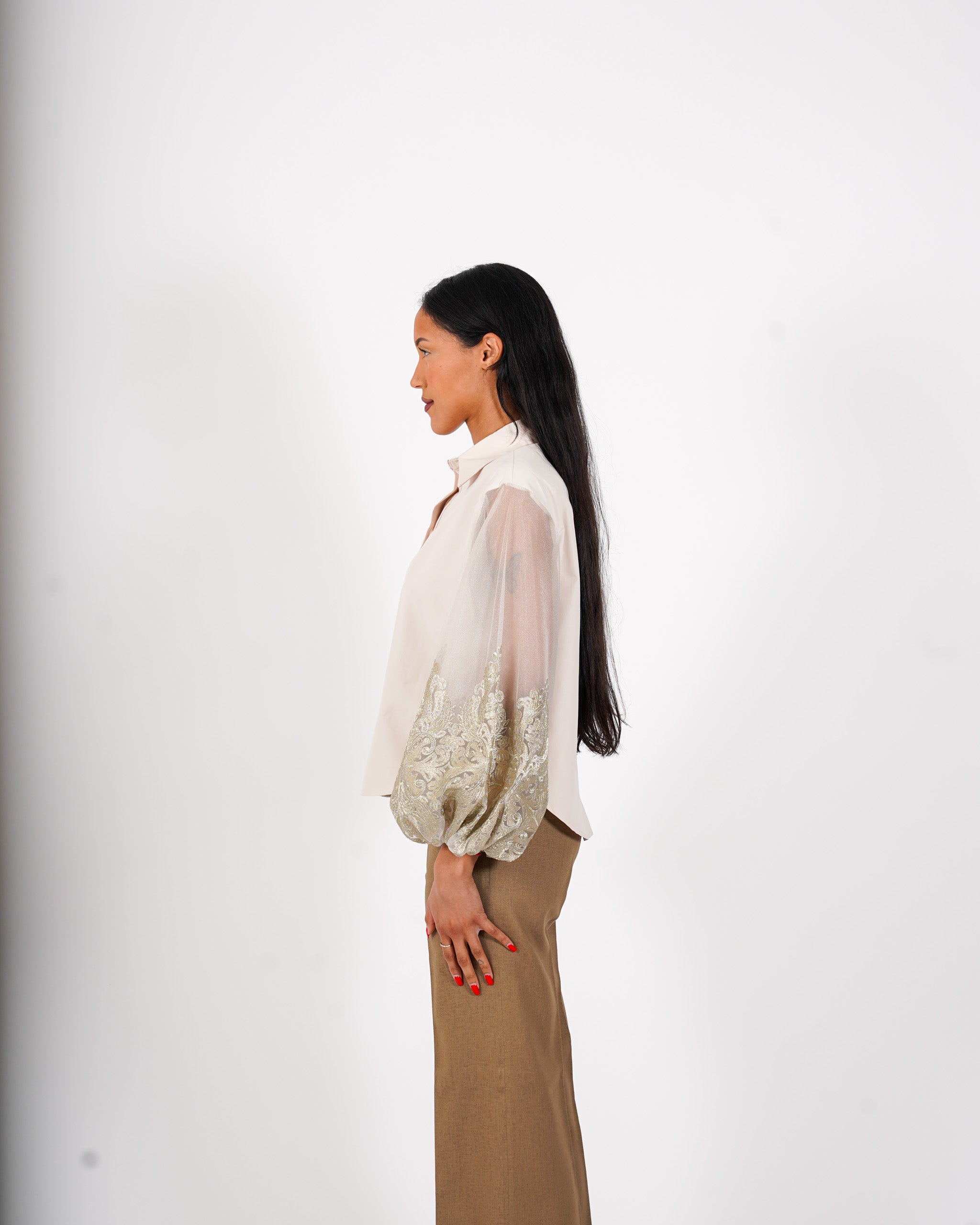 Camicia manica lunga con ricamo oro - Golosa