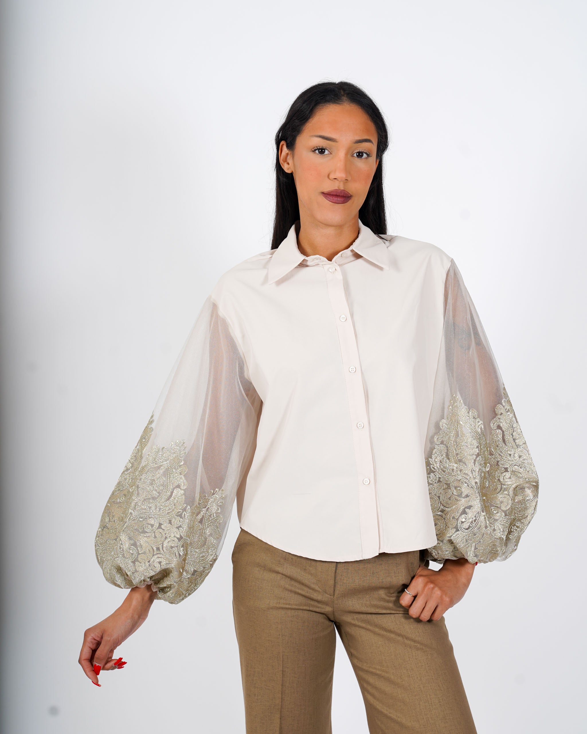 Camicia manica lunga con ricamo oro - Golosa