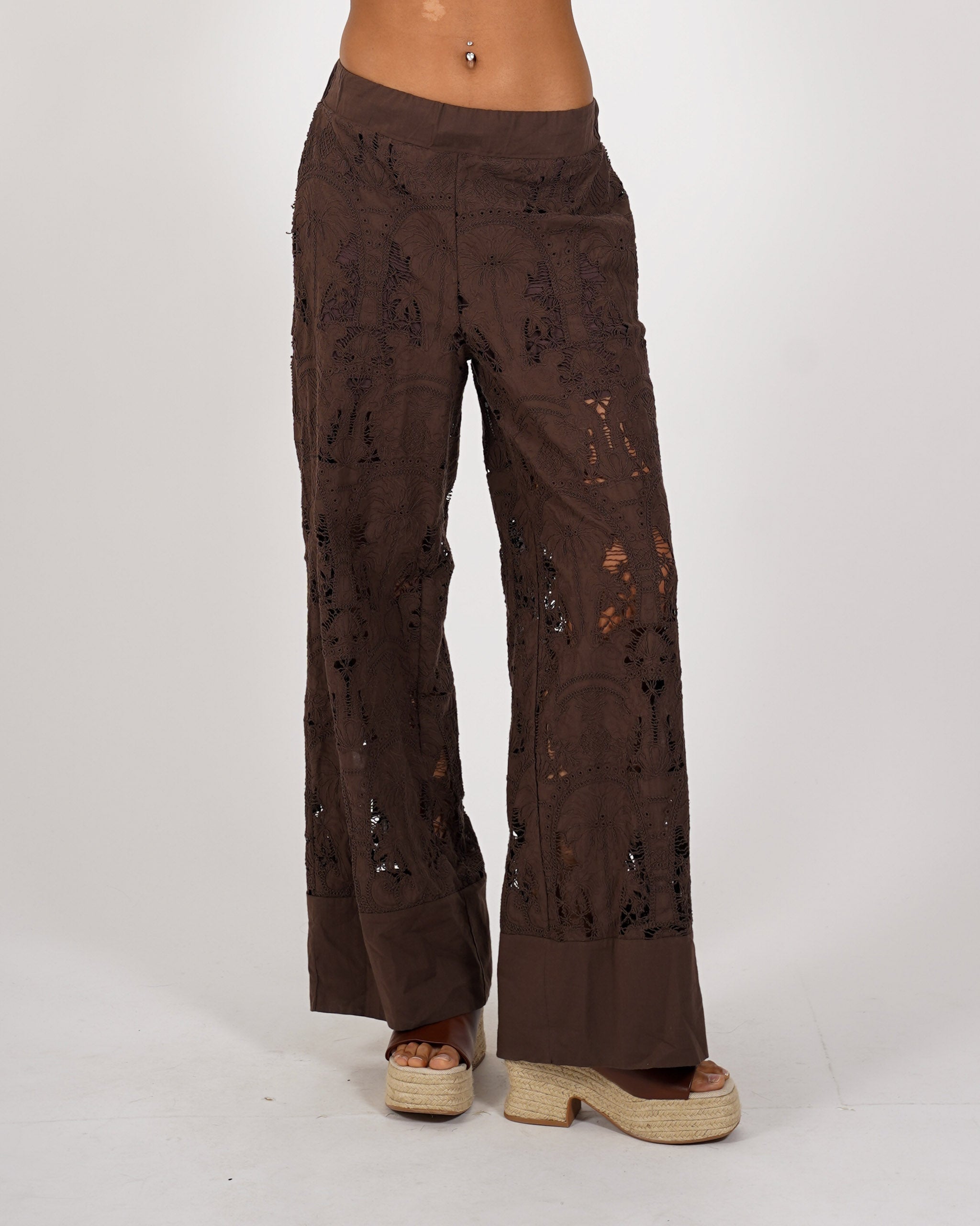 Pantaloni con baschina e gamba larga in cotone san gallo - Felicita