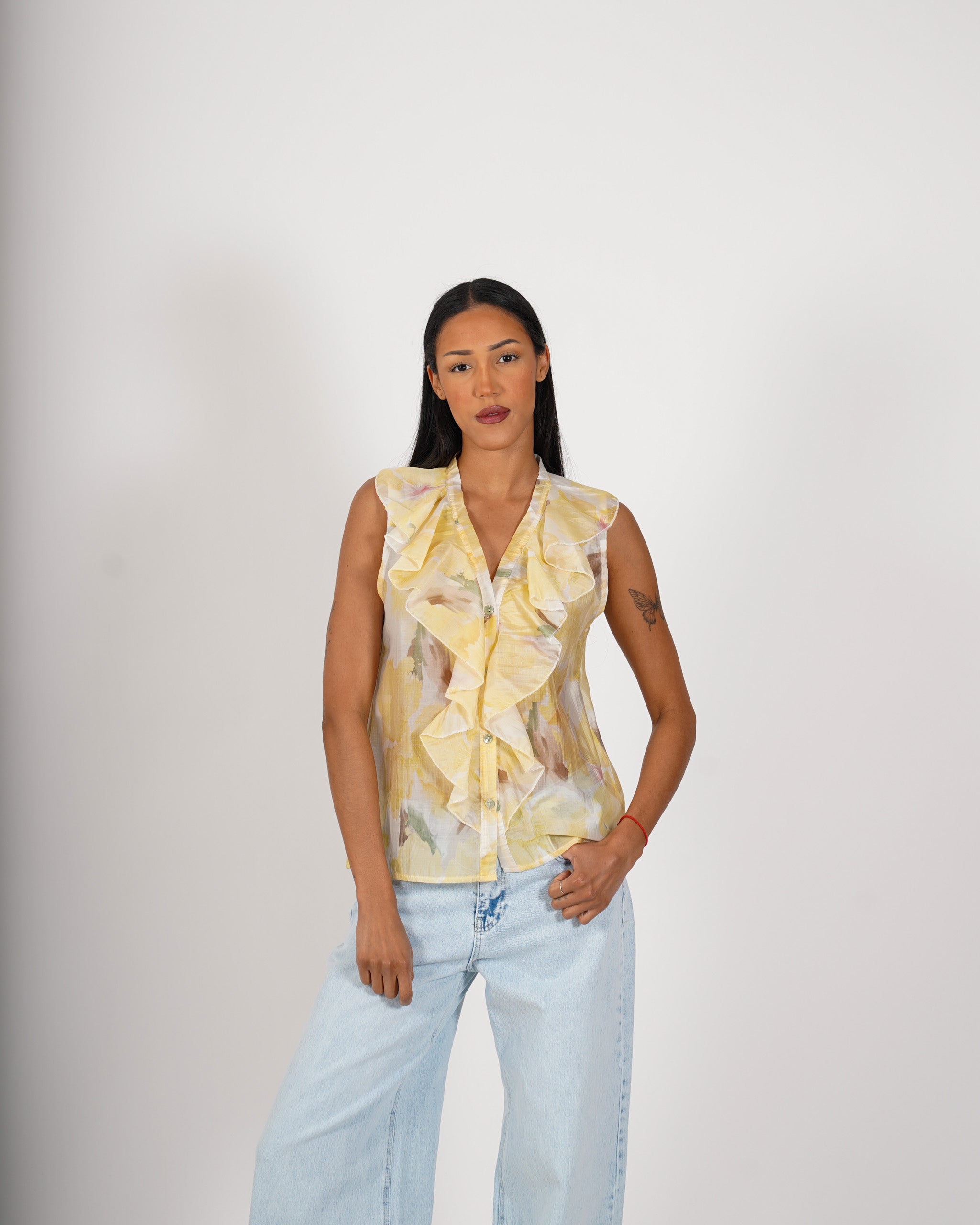 Blusa smanicata stampata con rouche frontale - Priscilla