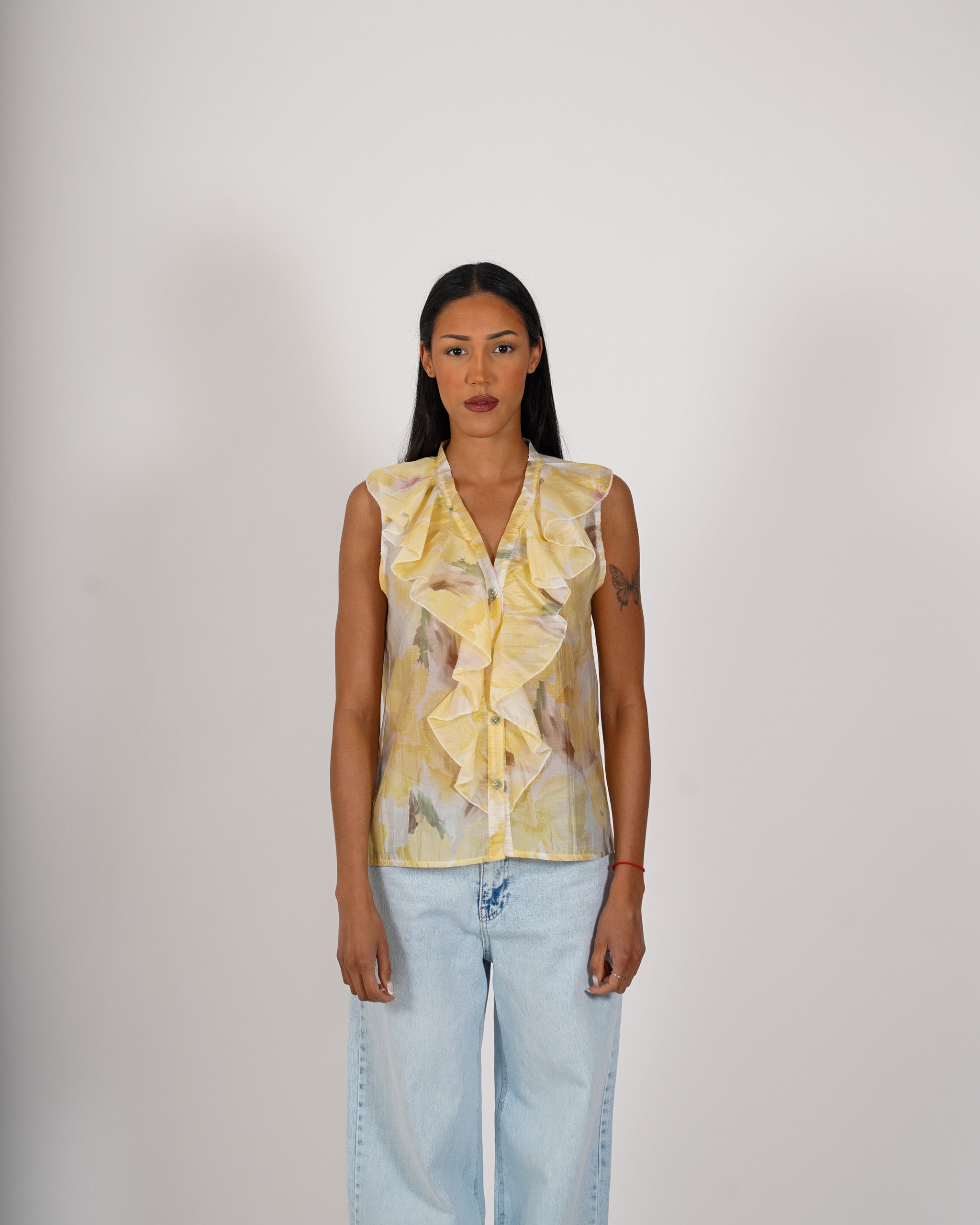 Blusa smanicata stampata con rouche frontale - Priscilla
