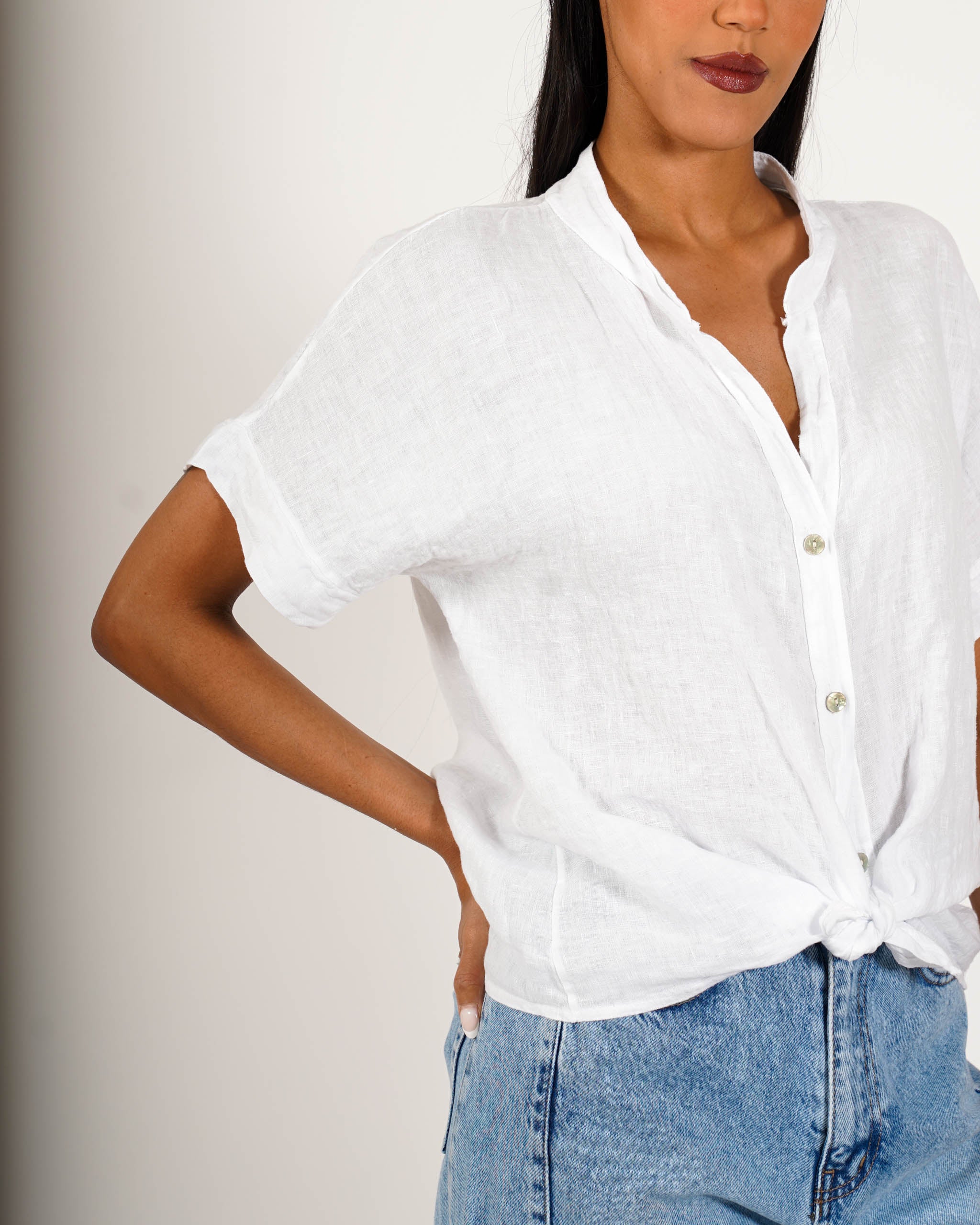 Camicia mezza manica con nodo frontale in lino - Montero