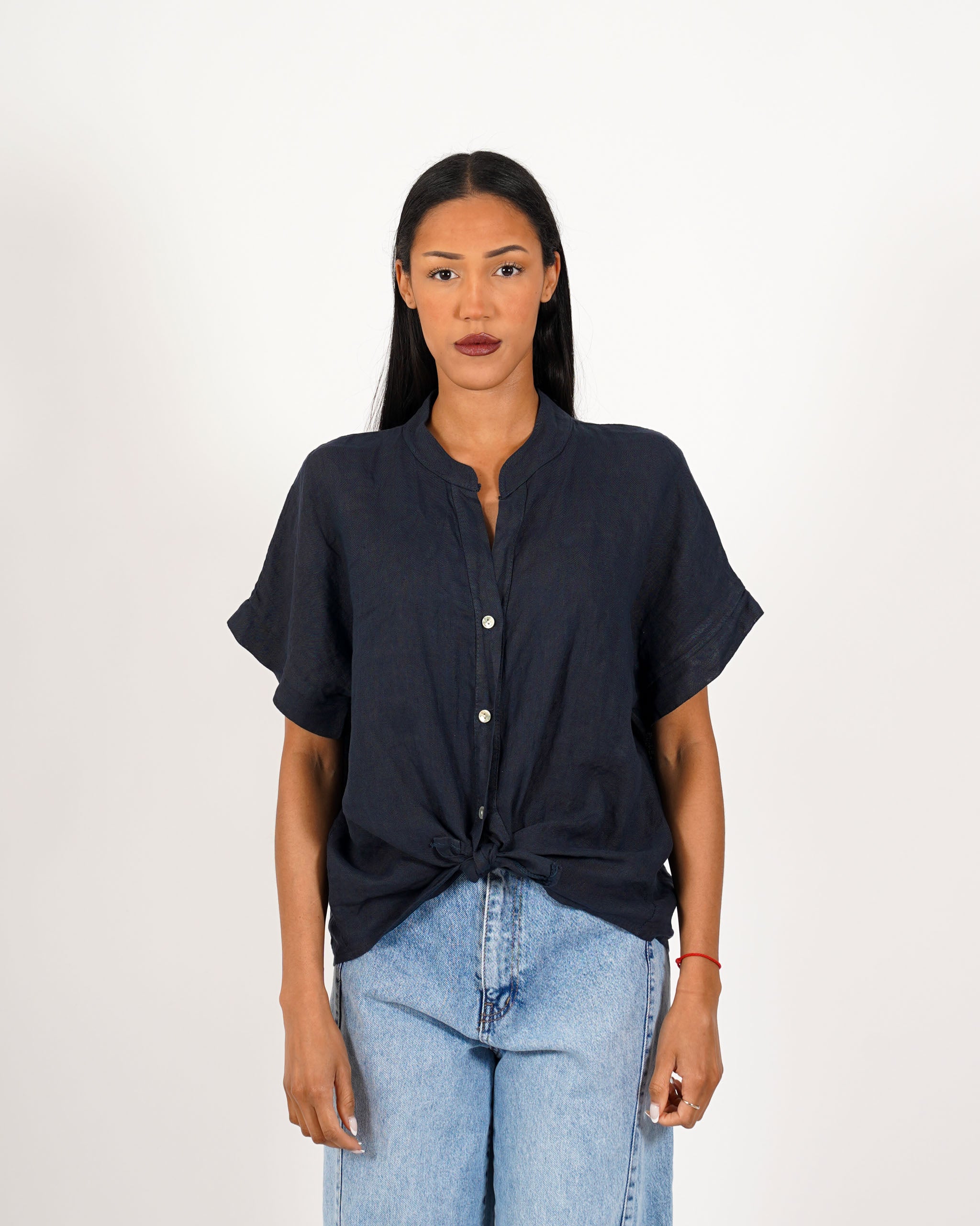 Camicia mezza manica con nodo frontale in lino - Montero