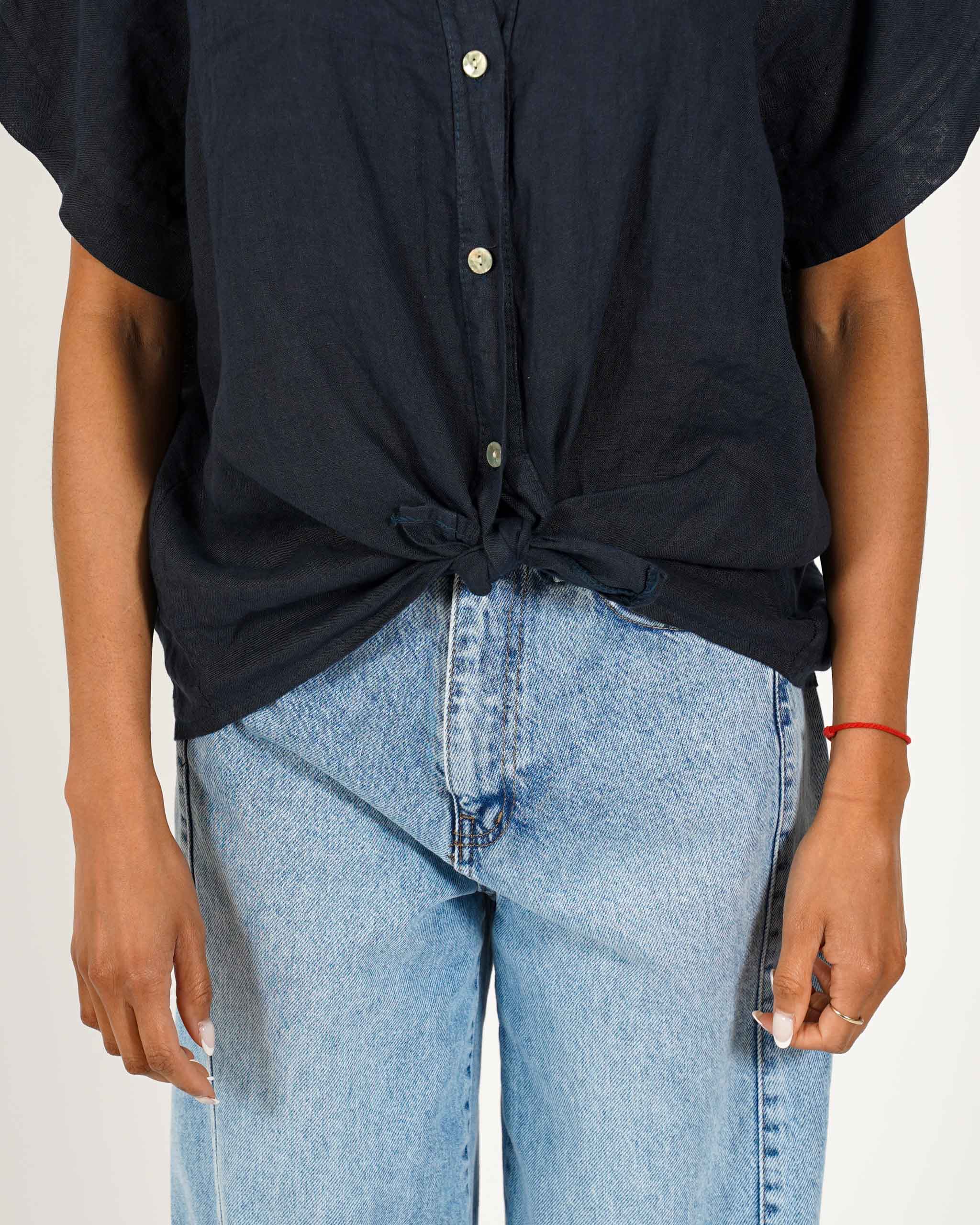 Camicia mezza manica con nodo frontale in lino - Montero