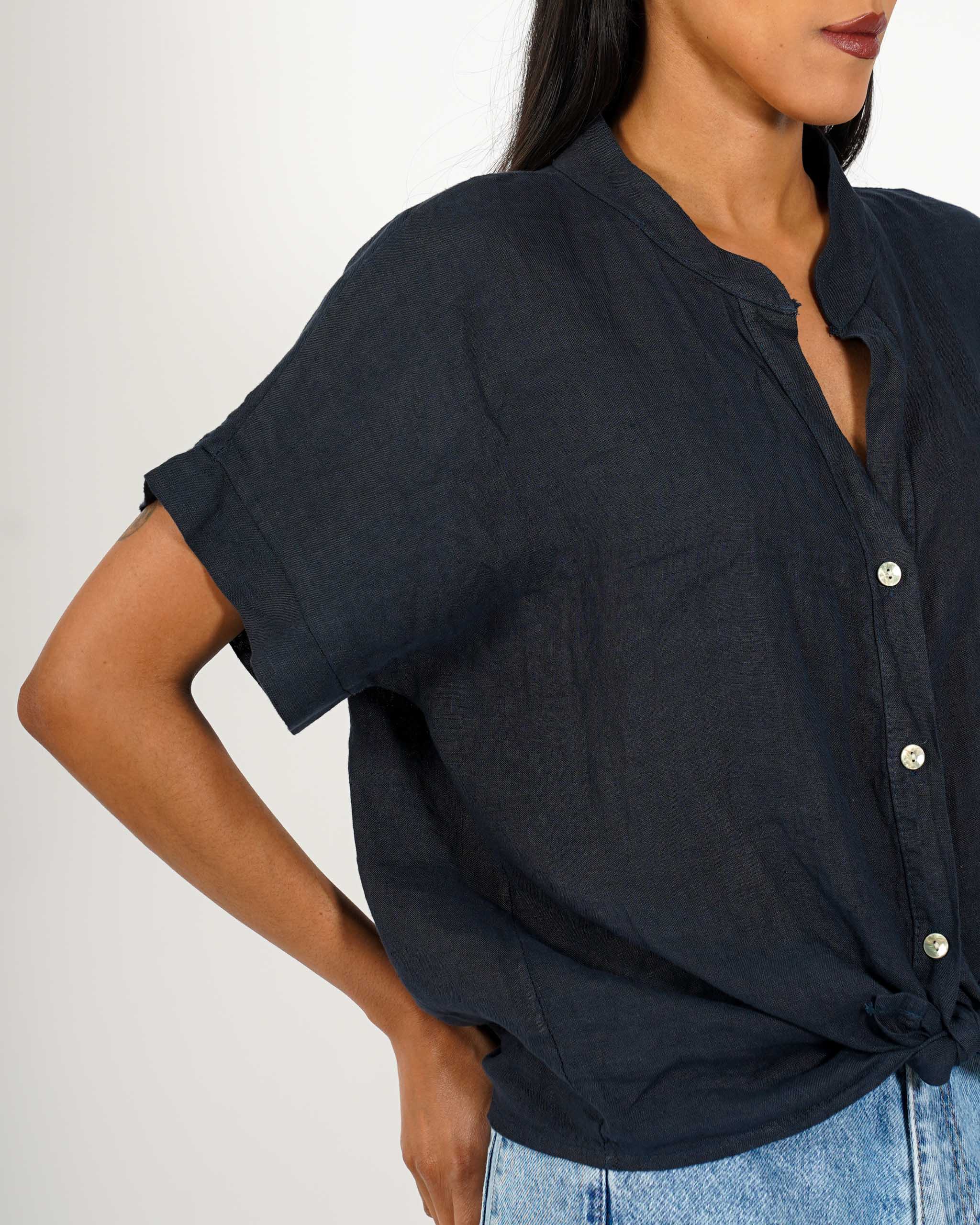 Camicia mezza manica con nodo frontale in lino - Montero
