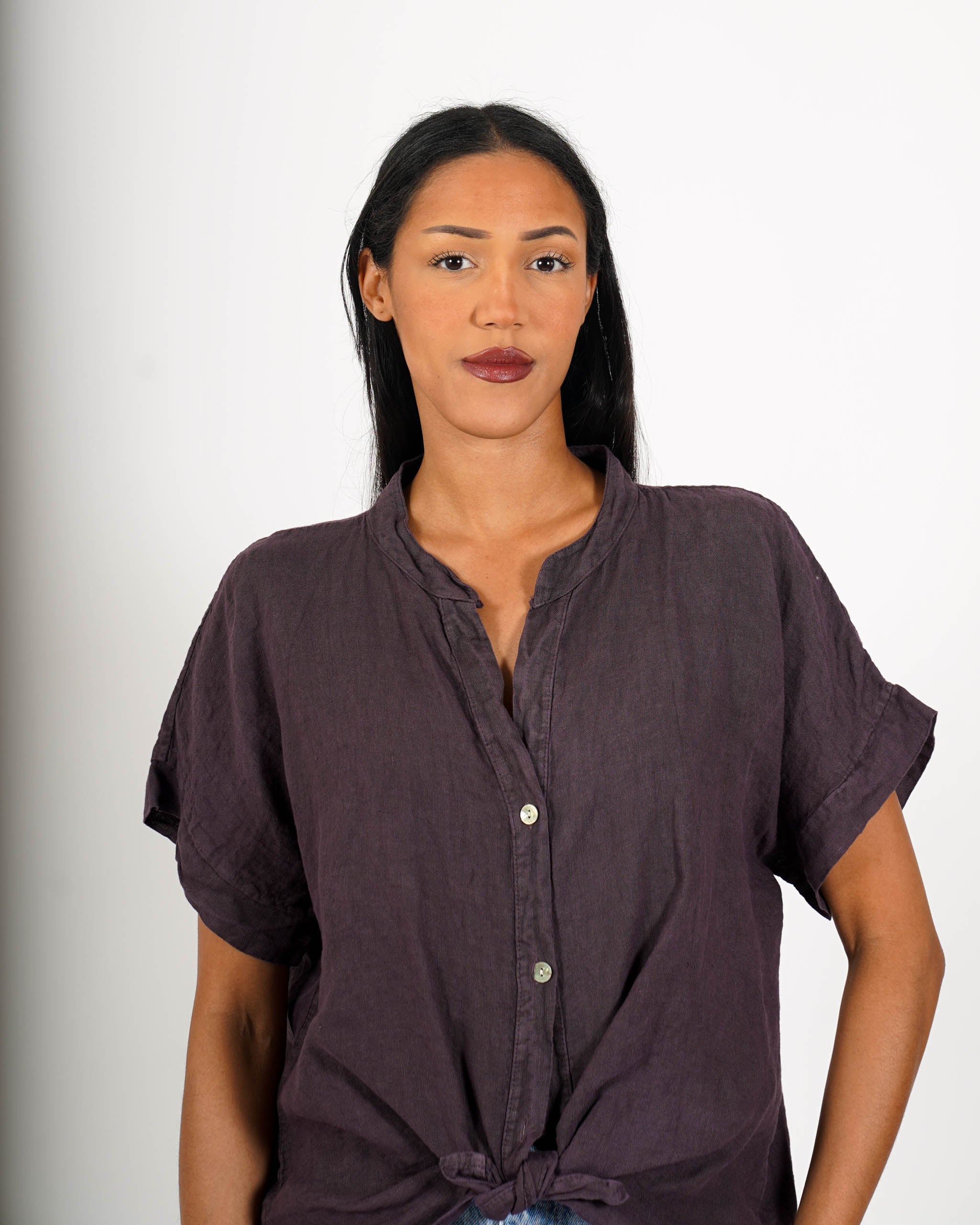 Camicia mezza manica con nodo frontale in lino - Montero