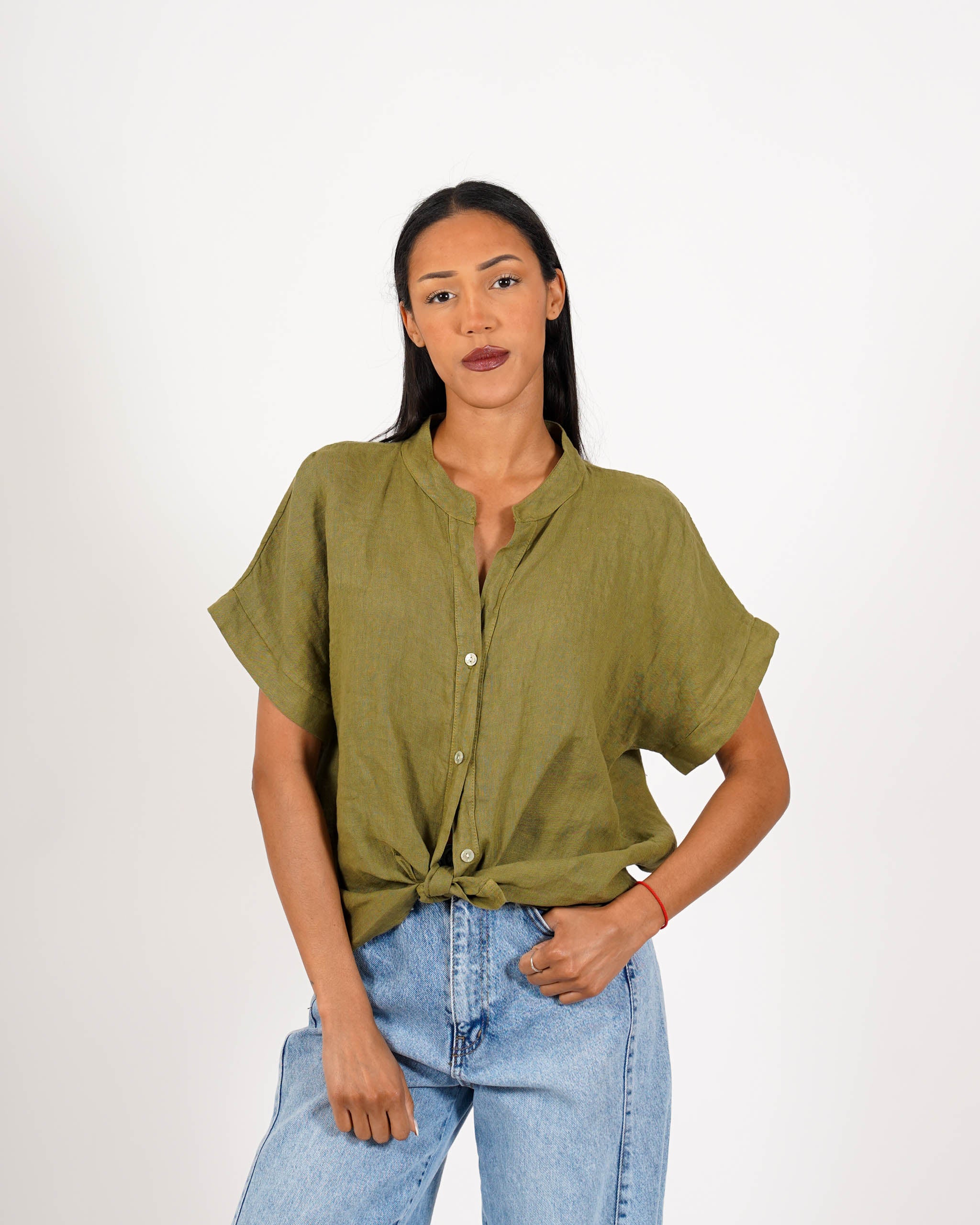 Camicia mezza manica con nodo frontale in lino - Montero