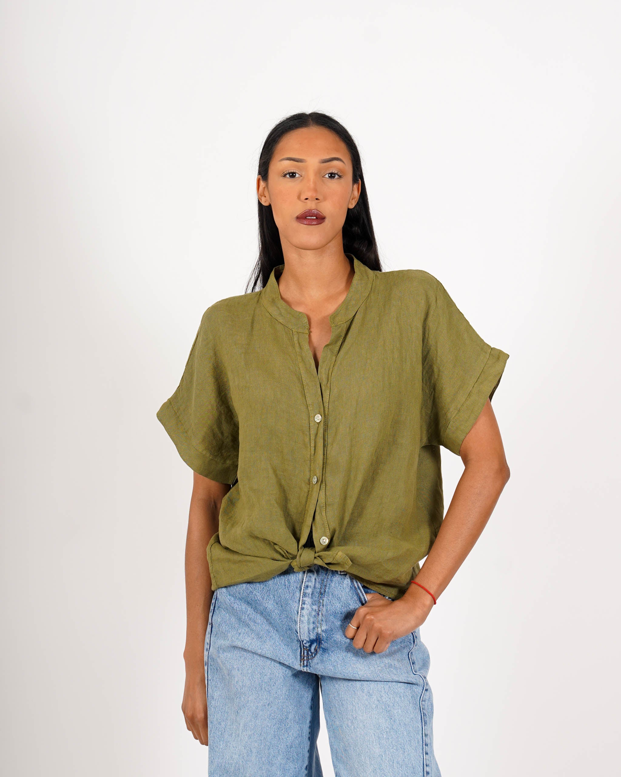 Camicia mezza manica con nodo frontale in lino - Montero