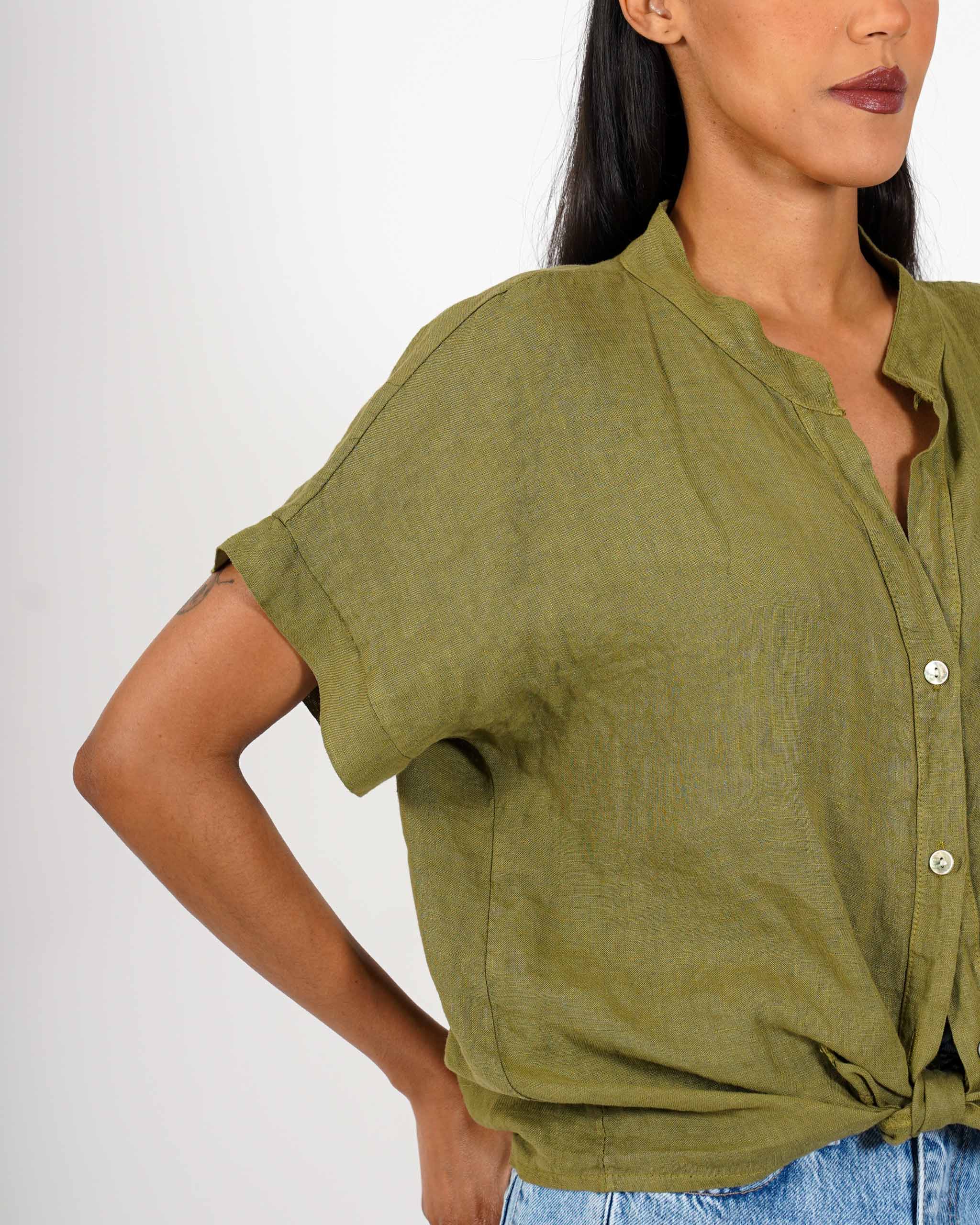 Camicia mezza manica con nodo frontale in lino - Montero
