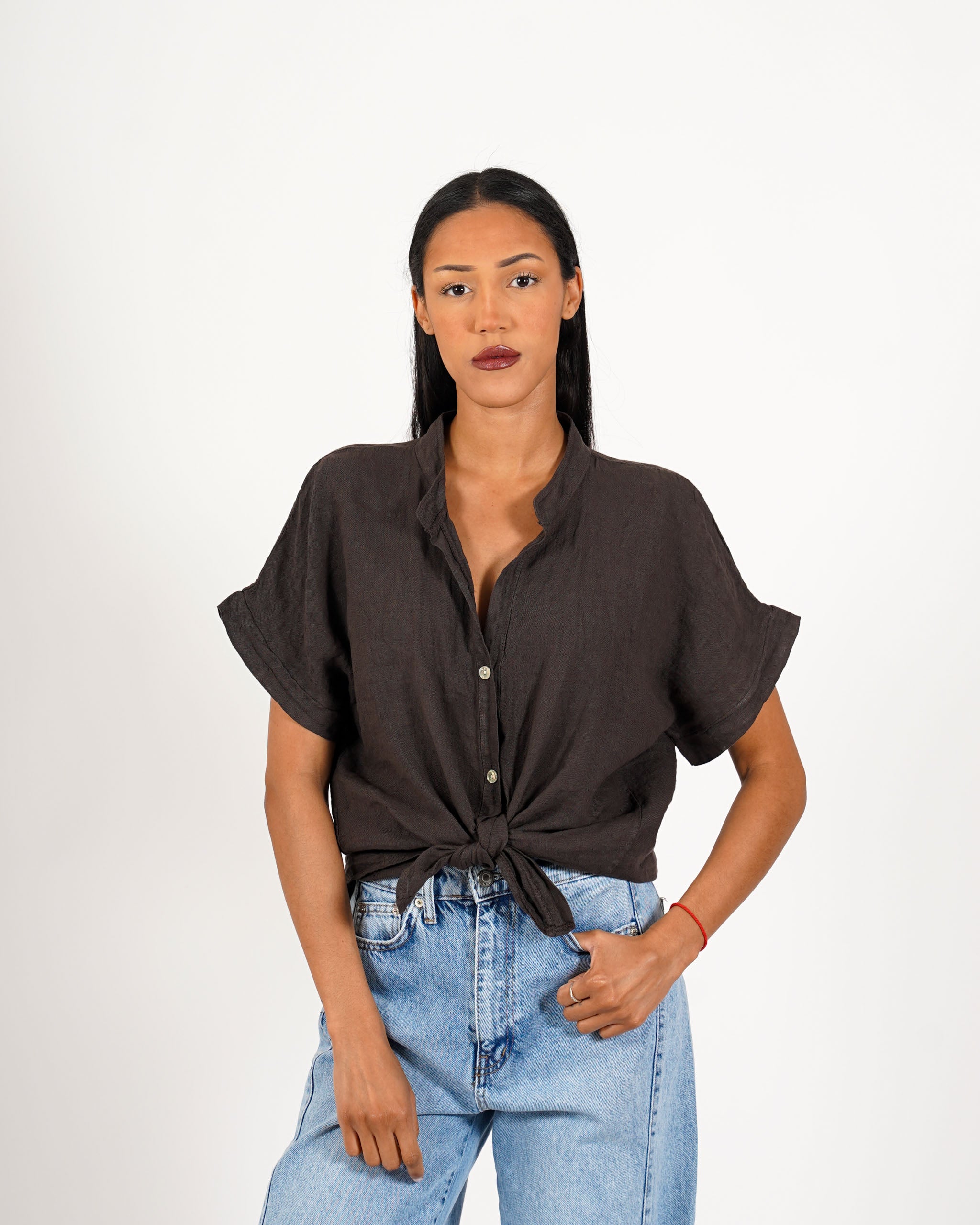 Camicia mezza manica con nodo frontale in lino - Montero