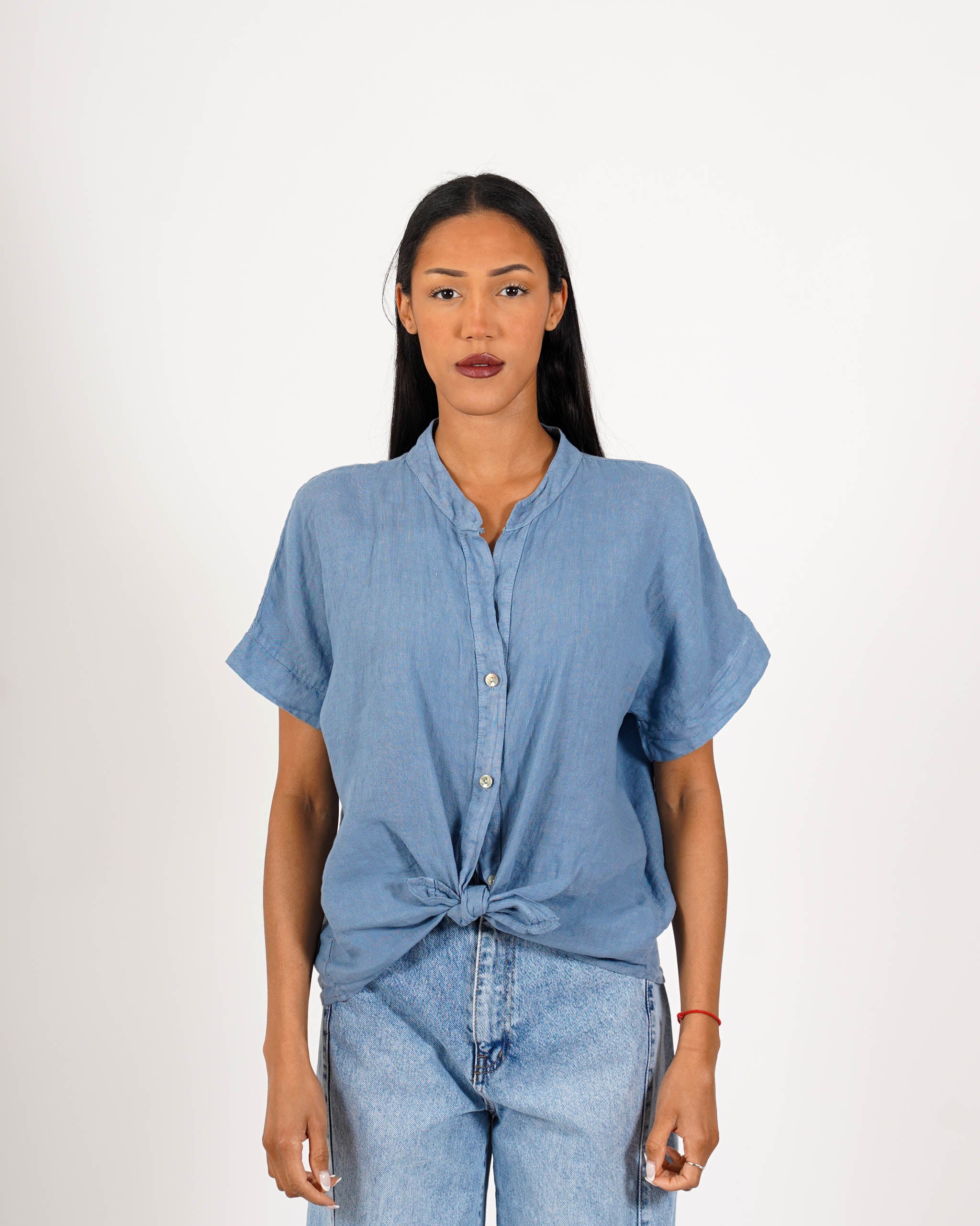 Camicia mezza manica con nodo frontale in lino - Montero