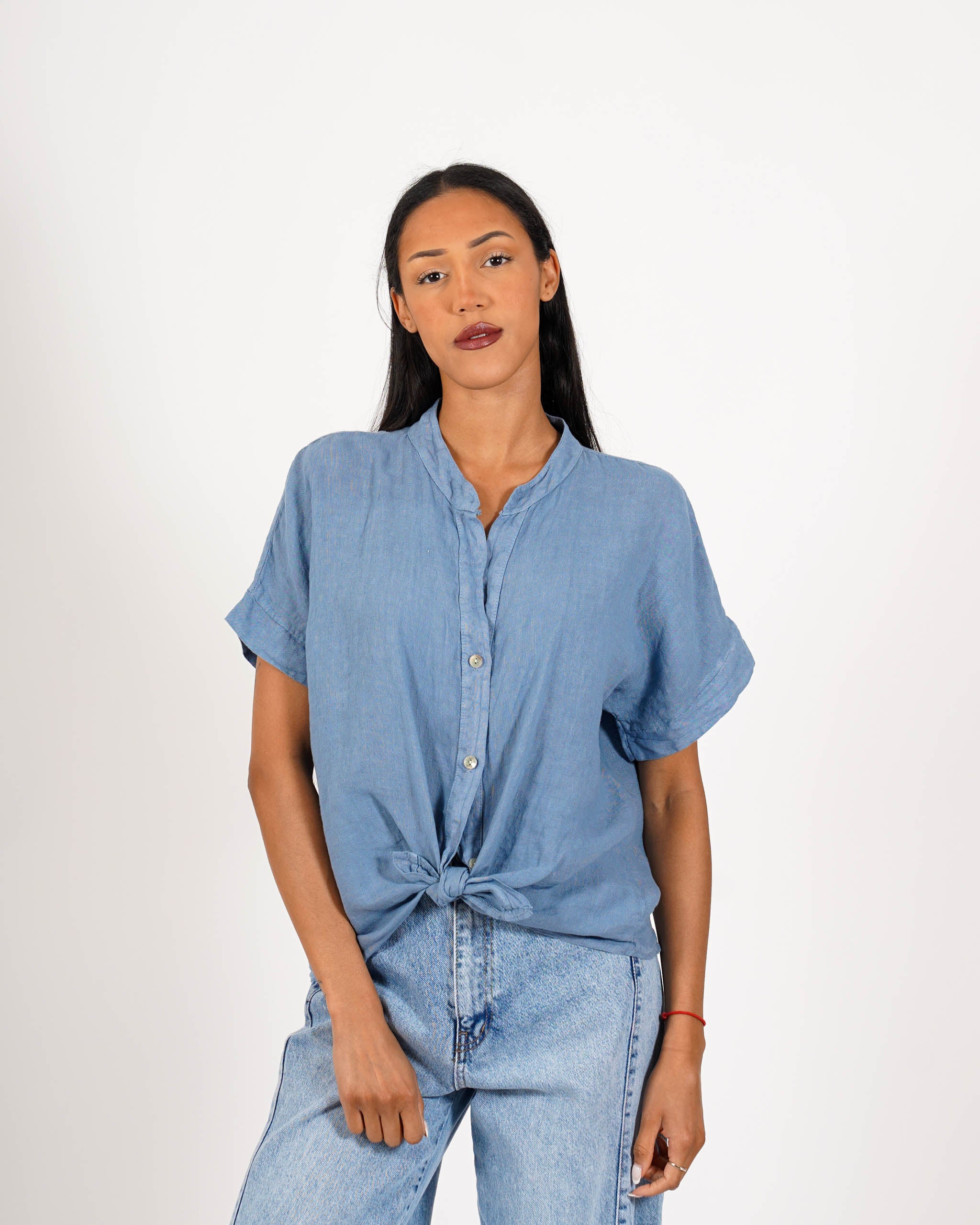 Camicia mezza manica con nodo frontale in lino - Montero