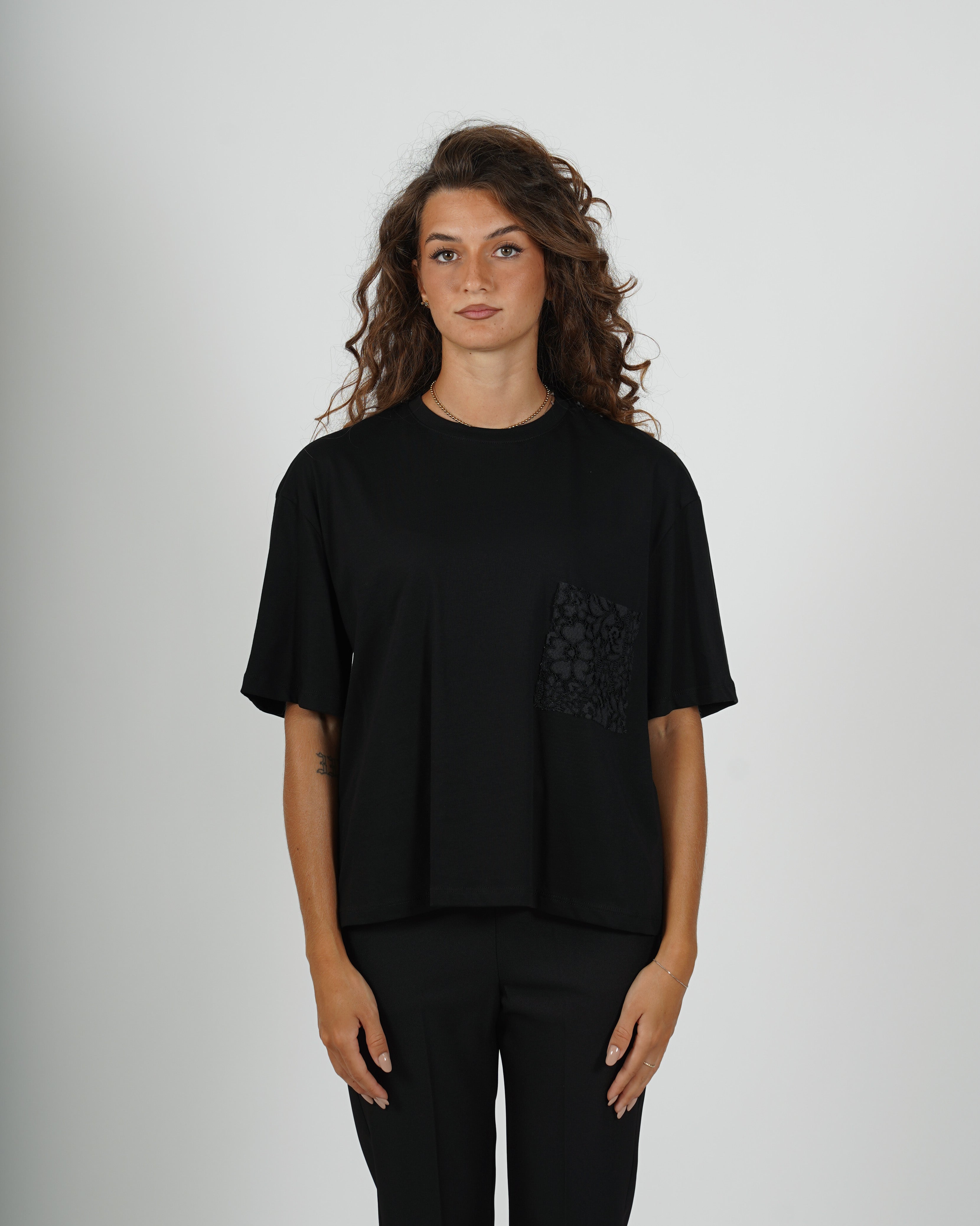 Shirt gircollo con tasca in pizzo macramè - Unica