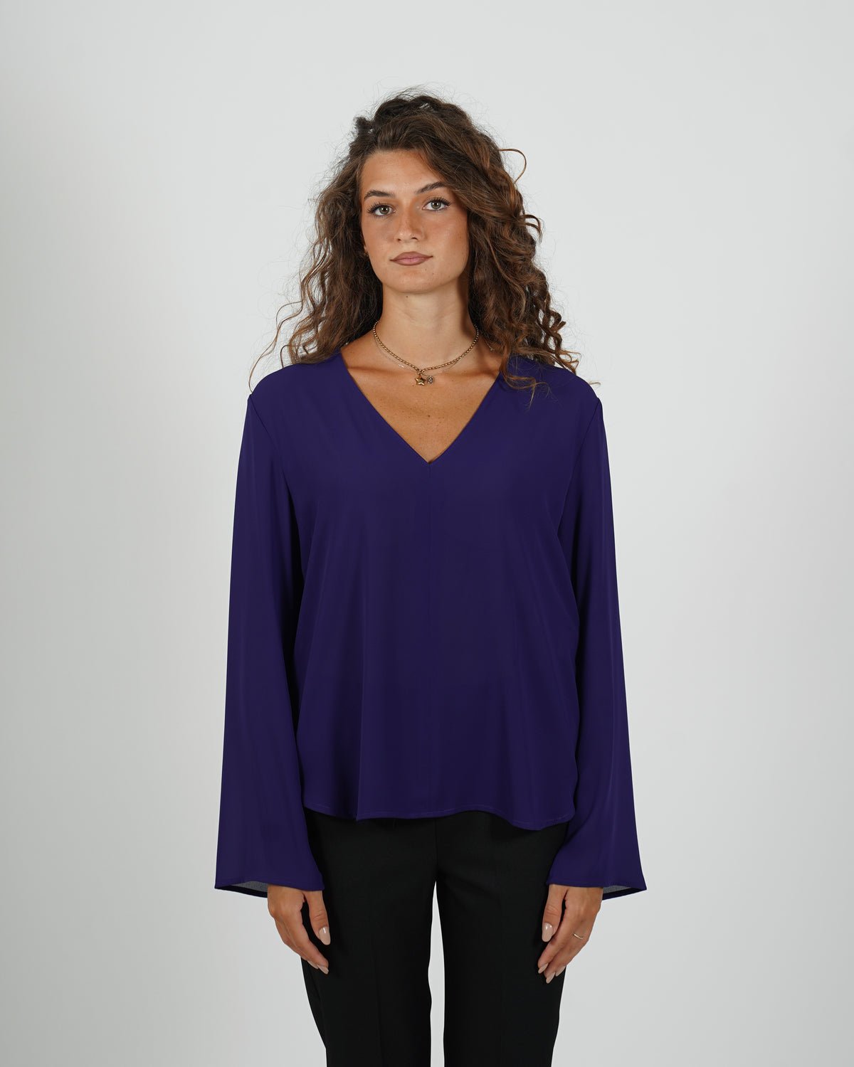 Blusa scollo a v manica lunga in mano crepe - Moneta