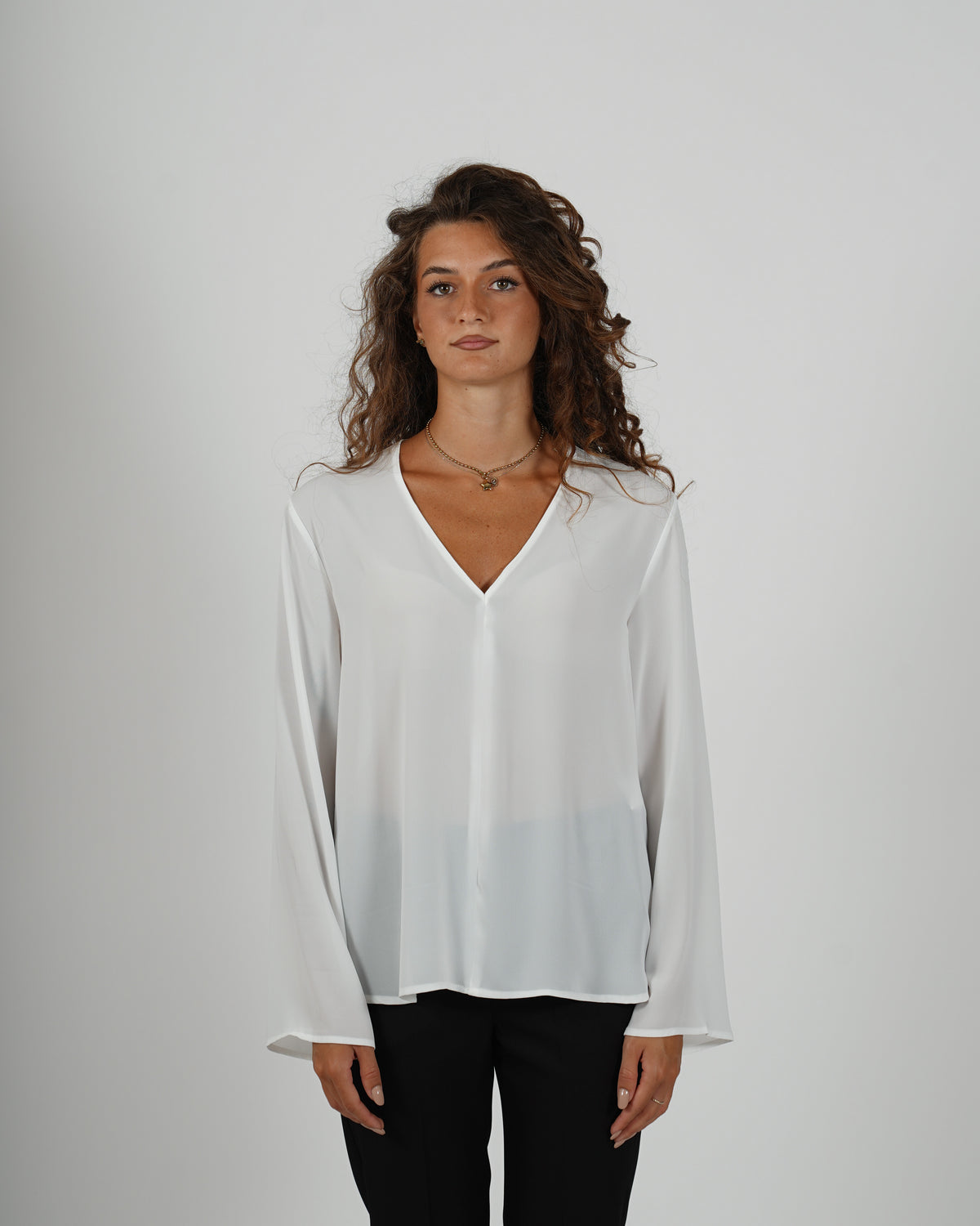 Blusa scollo a v manica lunga in mano crepe - Moneta