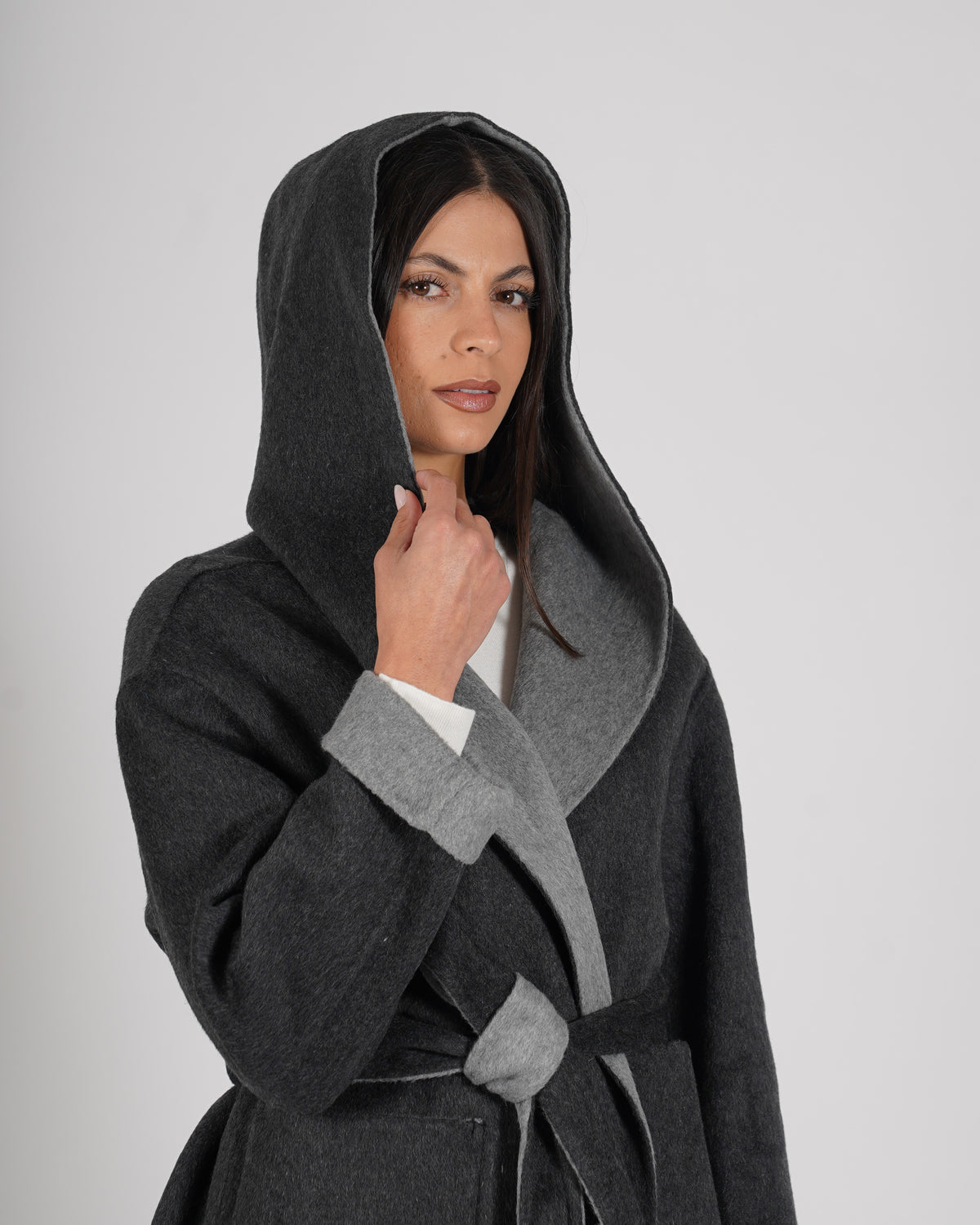 Cappotto bicolor con cintura in double di lana - Tobago