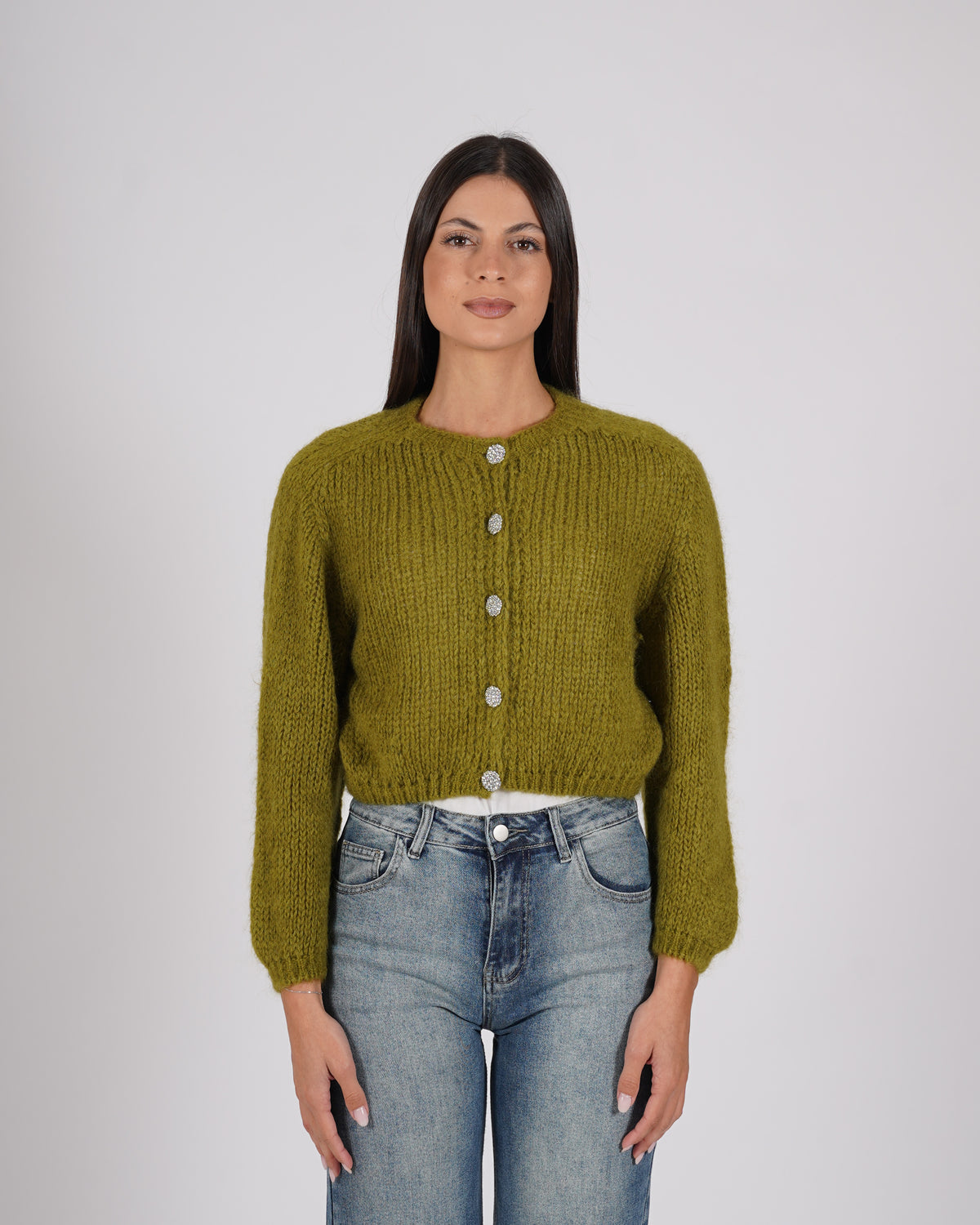 Cardigan con bottone gioiello in lana mohair - Shade