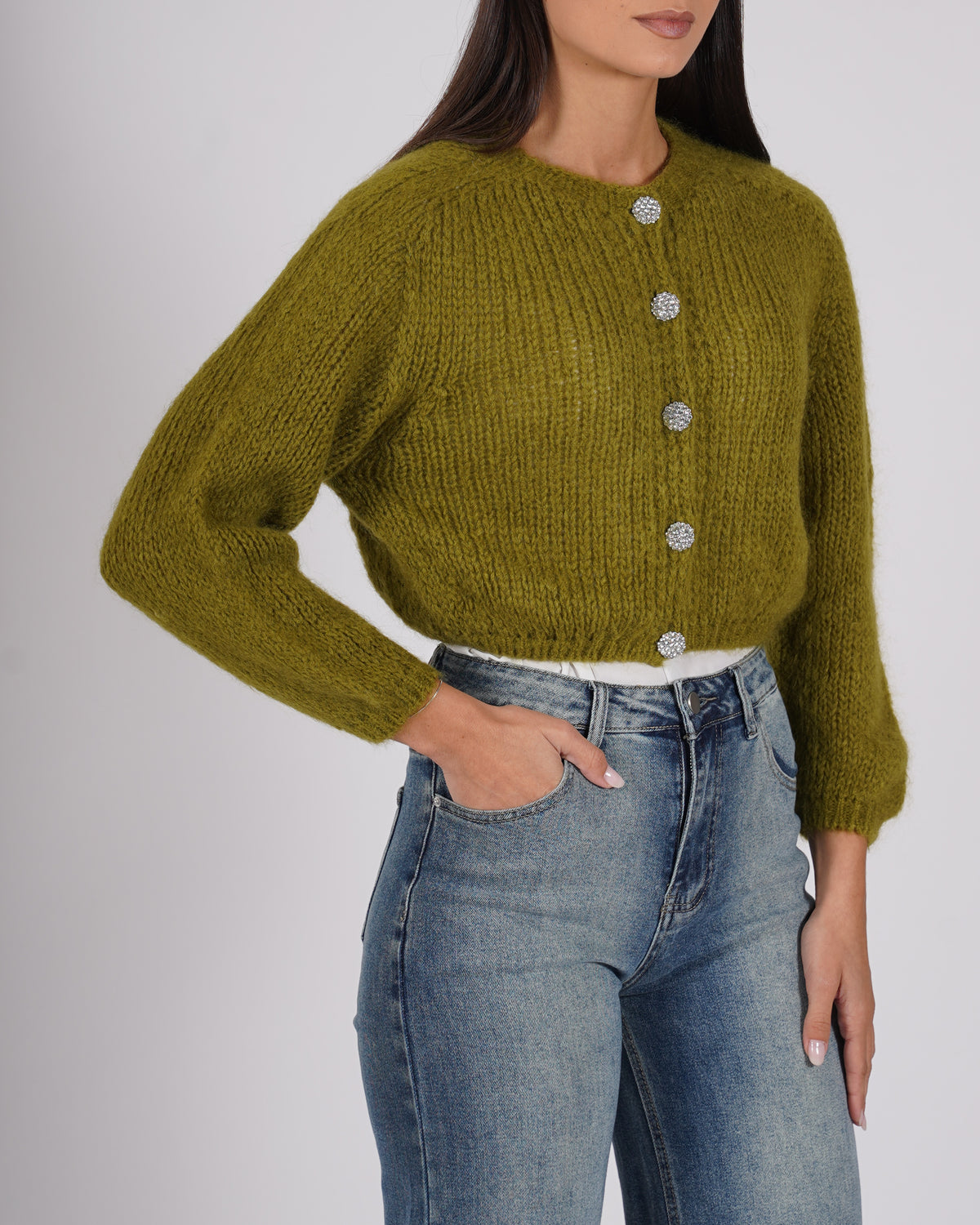 Cardigan con bottone gioiello in lana mohair - Shade