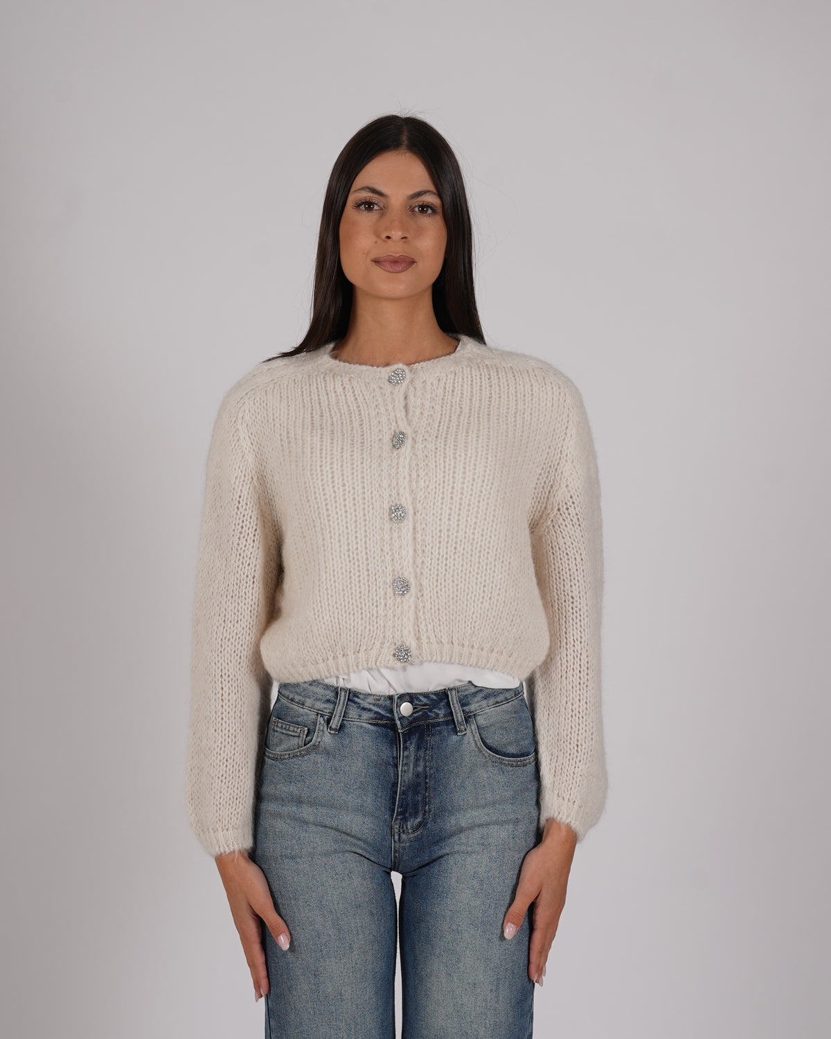 Cardigan con bottone gioiello in lana mohair - Shade
