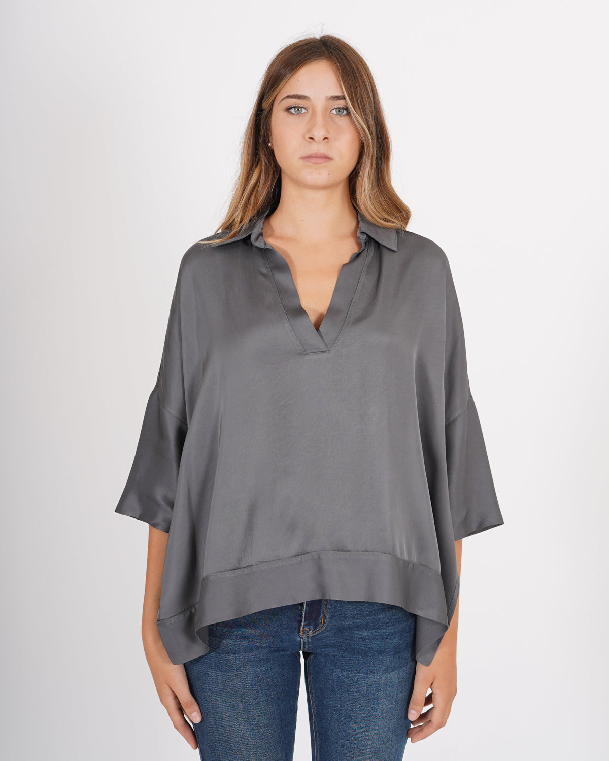 Blusa over con colletto in raso - Poiana