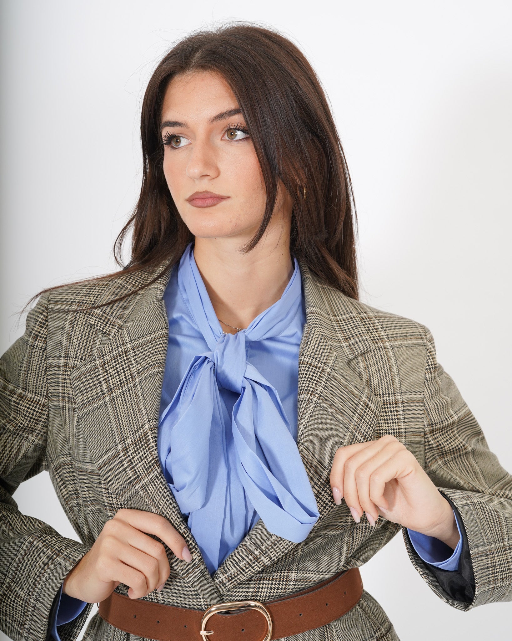 Blazer fantasia principe di galles con cintura e toppe in eco camoscio - Teofilo Uncategorized - Hope Abbigliamento e Accessori Donna Online