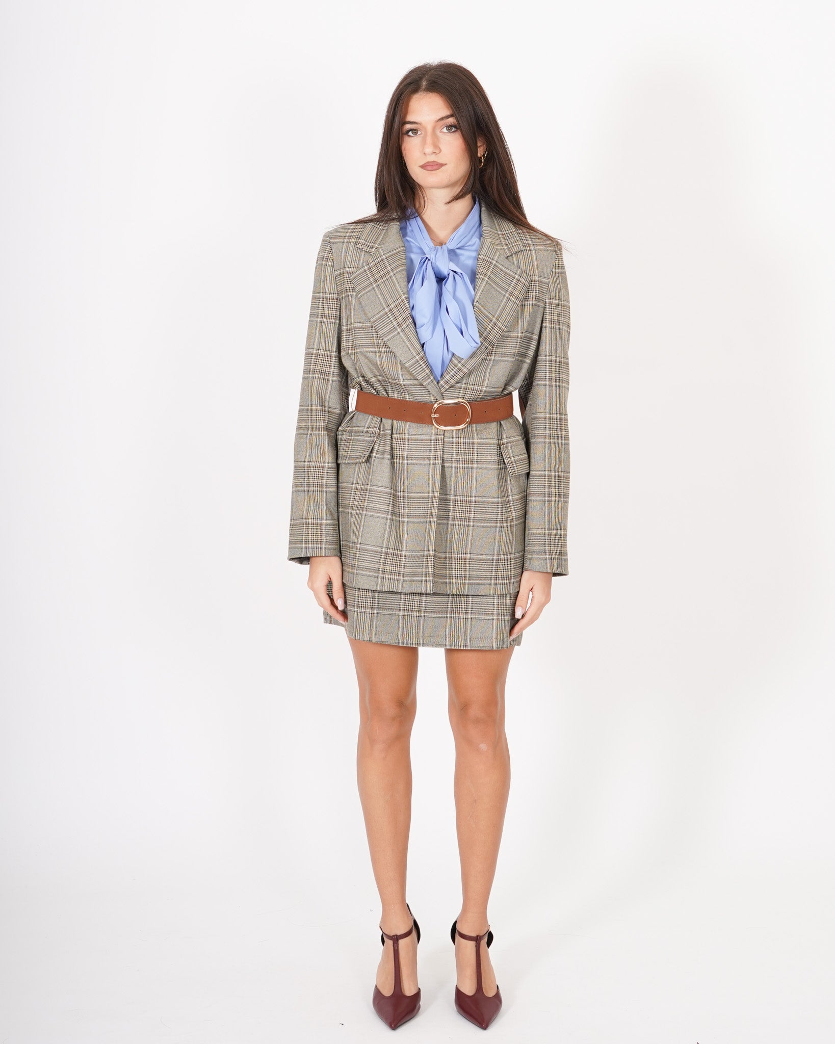 Blazer fantasia principe di galles con cintura e toppe in eco camoscio - Teofilo Uncategorized - Hope Abbigliamento e Accessori Donna Online