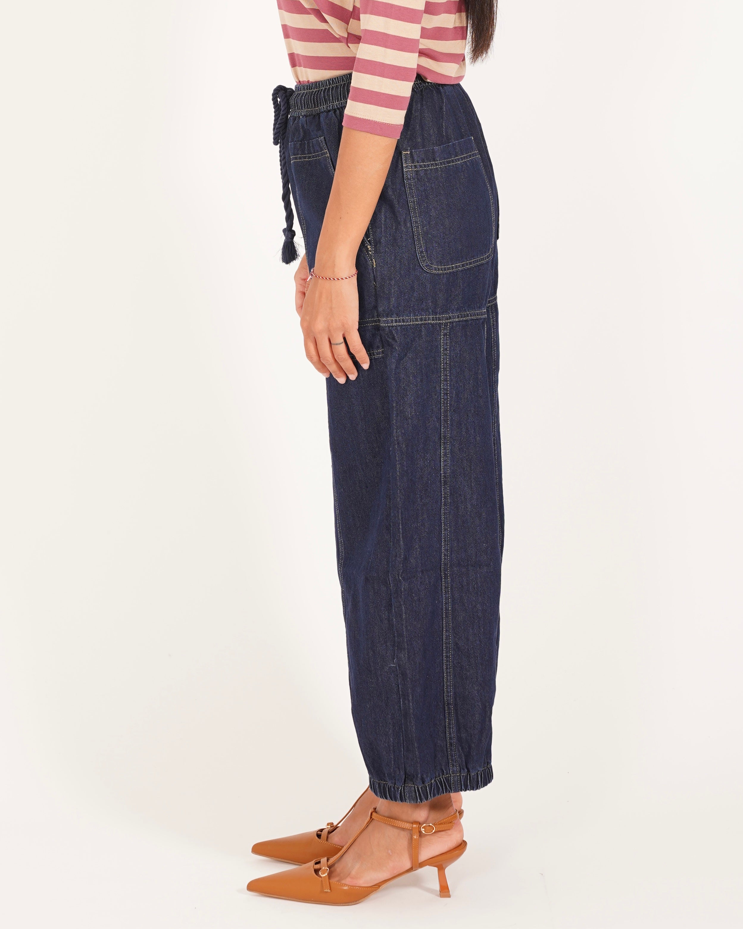 Pantaloni Cargo in Tela di Denim Scuro con Impunture - Fiona